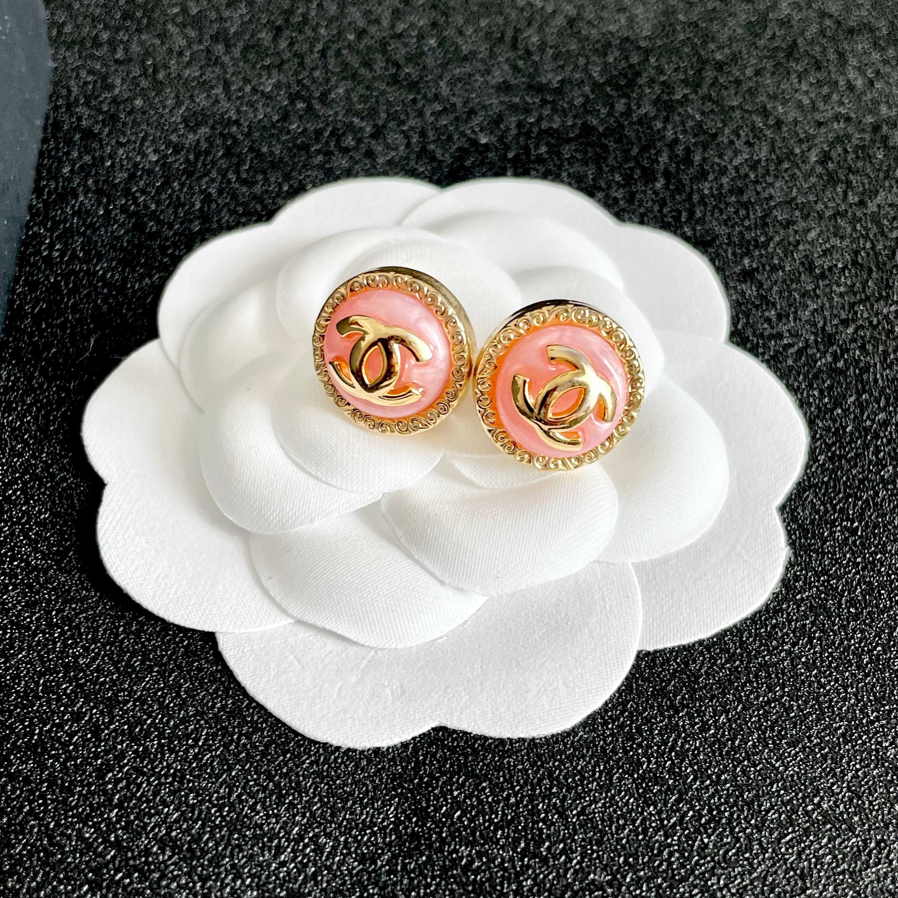 Elegant Pink Enamel CC Logo Button Earrings with Gold Border