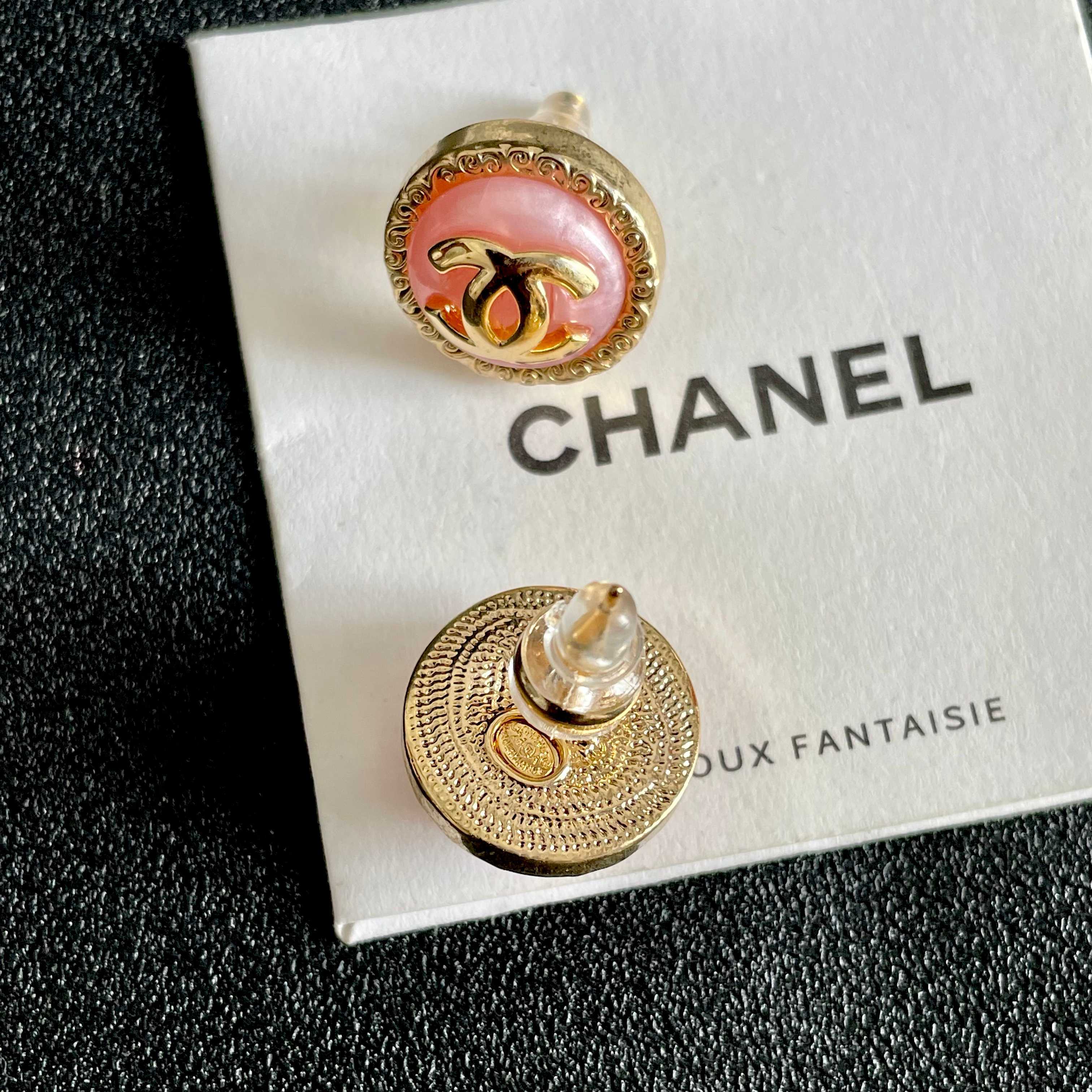 Elegant Pink Enamel CC Logo Button Earrings with Gold Border