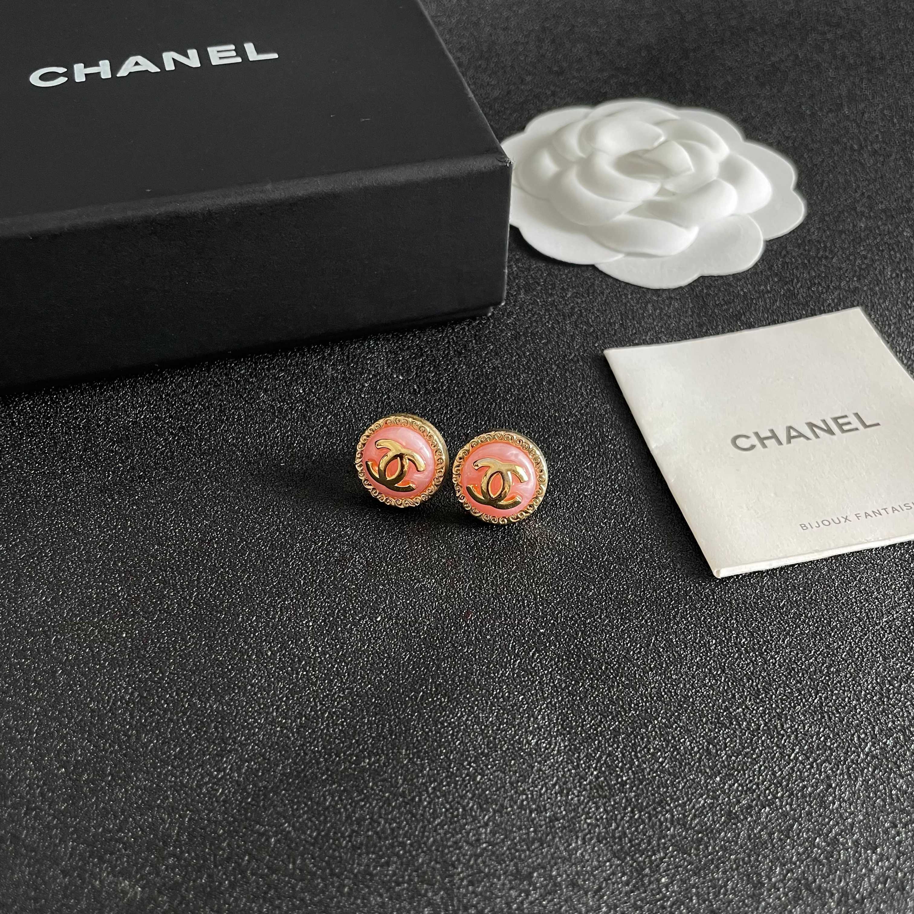 Elegant Pink Enamel CC Logo Button Earrings with Gold Border