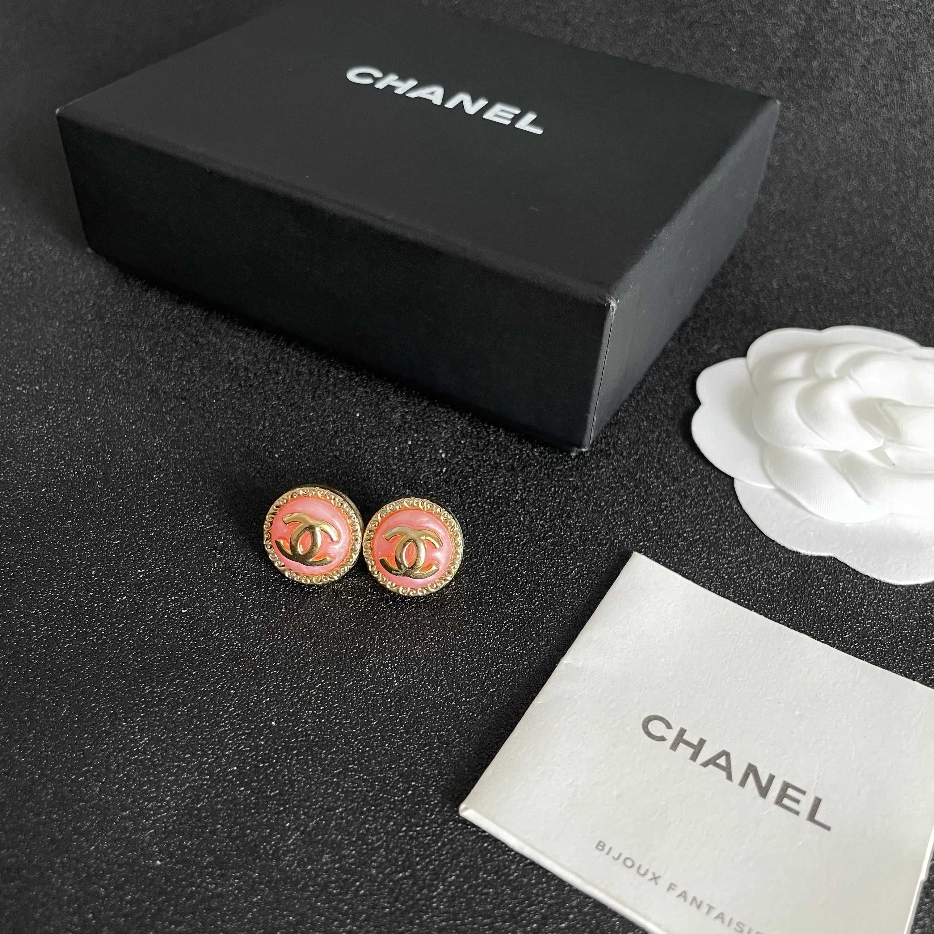 Elegant Pink Enamel CC Logo Button Earrings with Gold Border