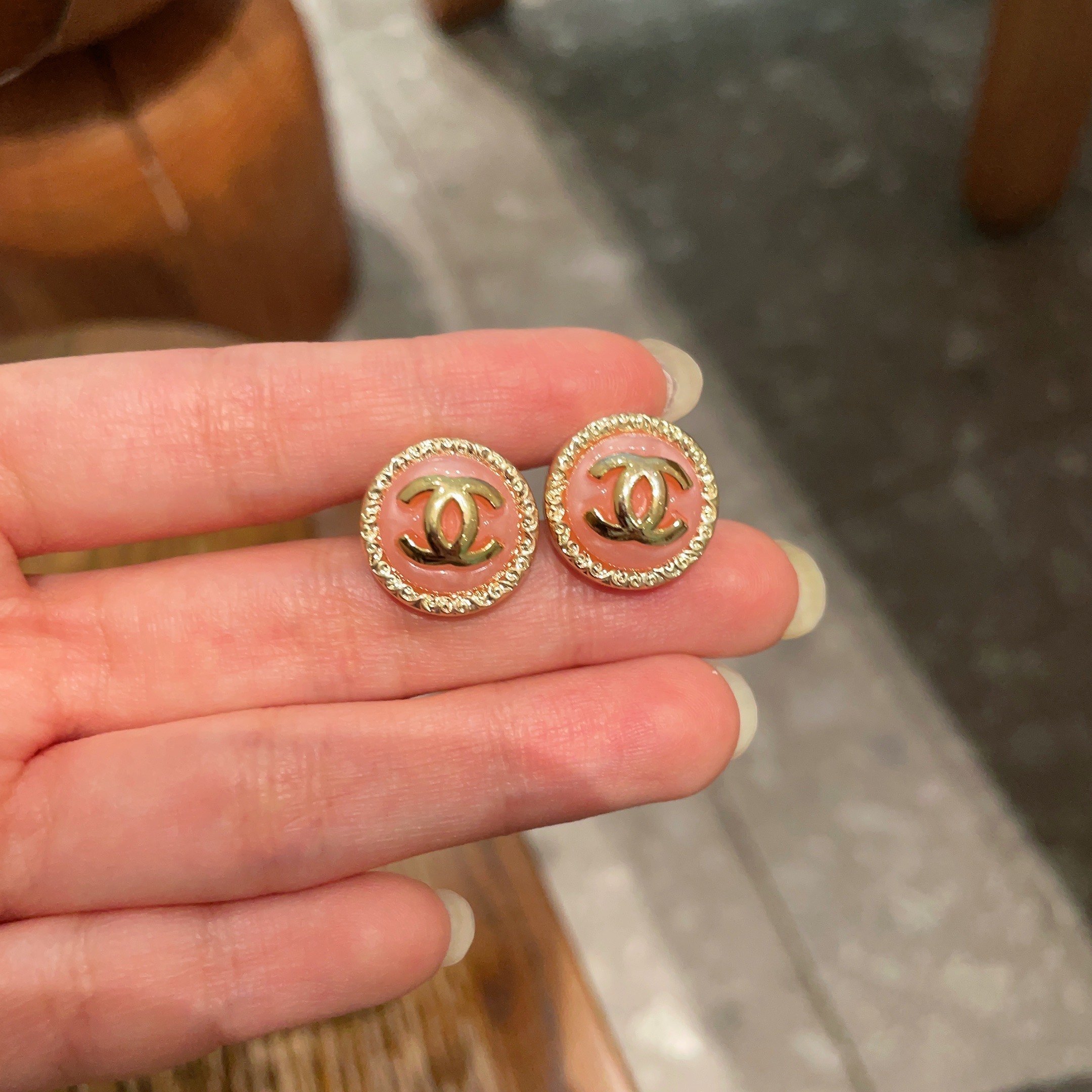 Elegant Pink Enamel CC Logo Button Earrings with Gold Border