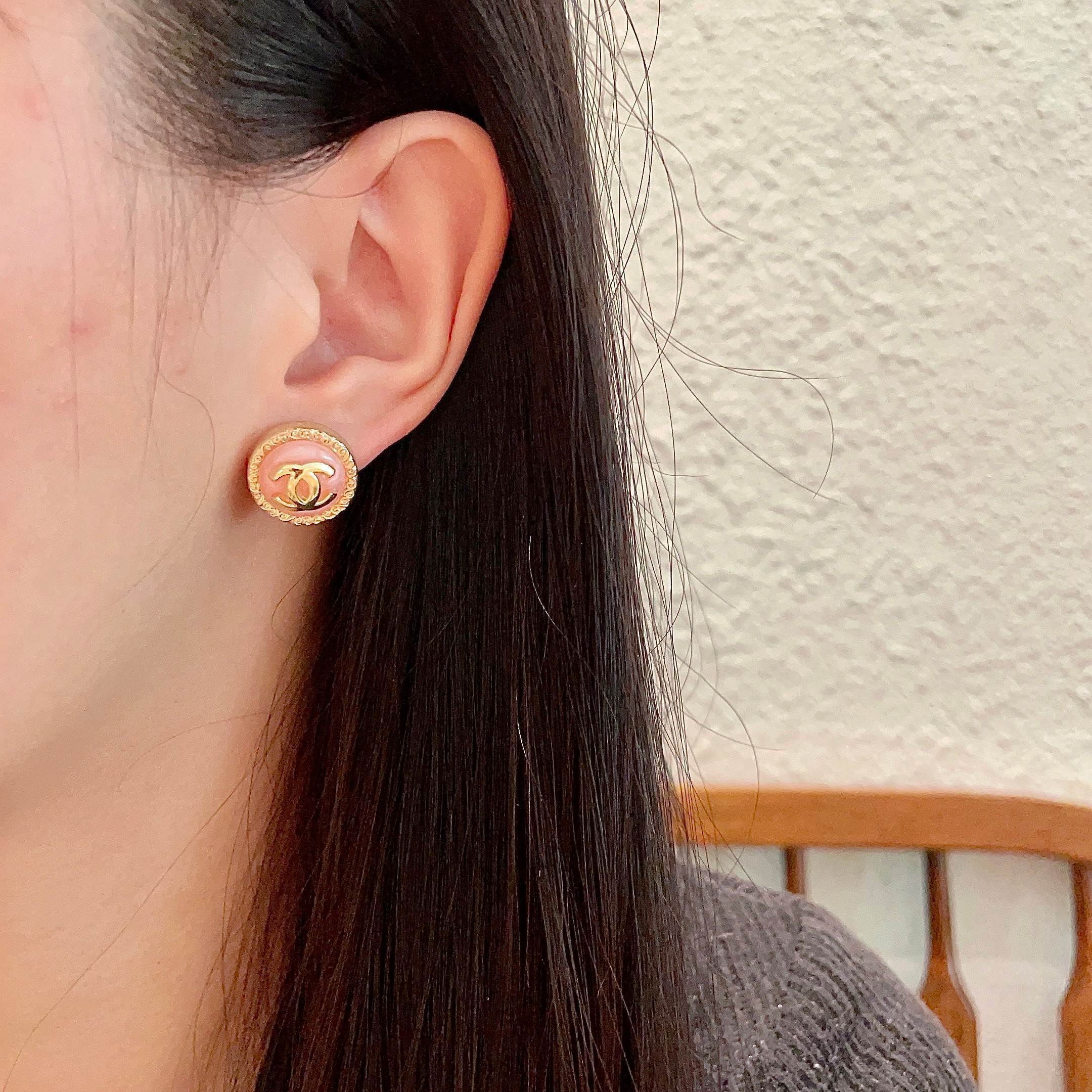 Elegant Pink Enamel CC Logo Button Earrings with Gold Border