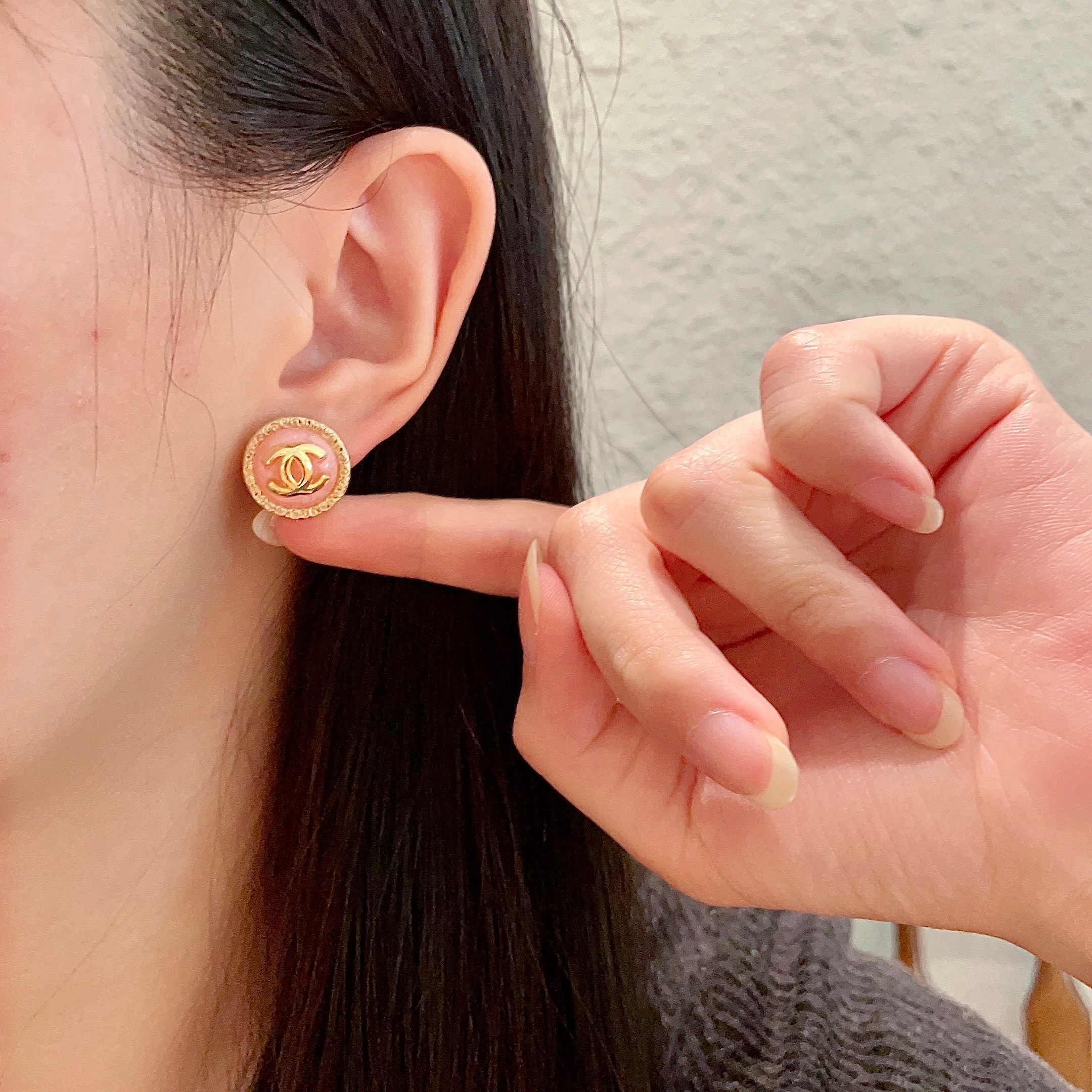 Elegant Pink Enamel CC Logo Button Earrings with Gold Border