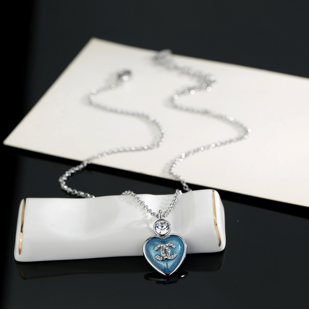 Luxury Blue Heart Crystal CC Pendant Necklace - Silver Tone