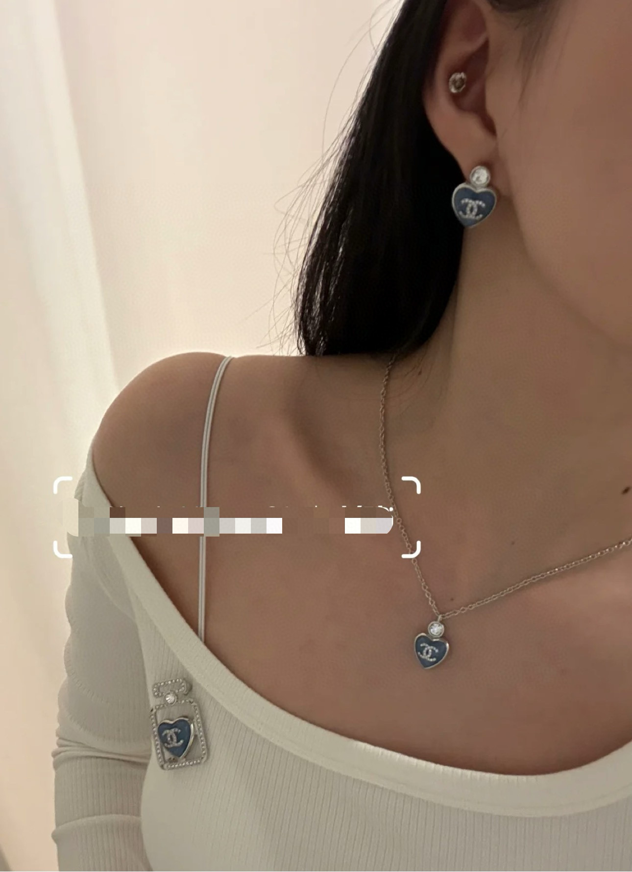 Luxury Blue Heart Crystal CC Pendant Necklace - Silver Tone