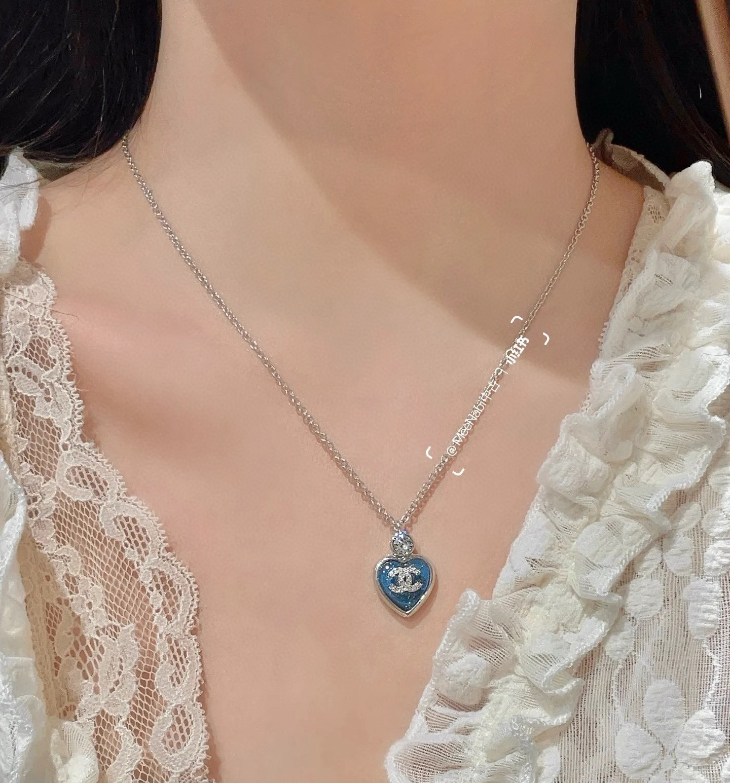 Luxury Blue Heart Crystal CC Pendant Necklace - Silver Tone