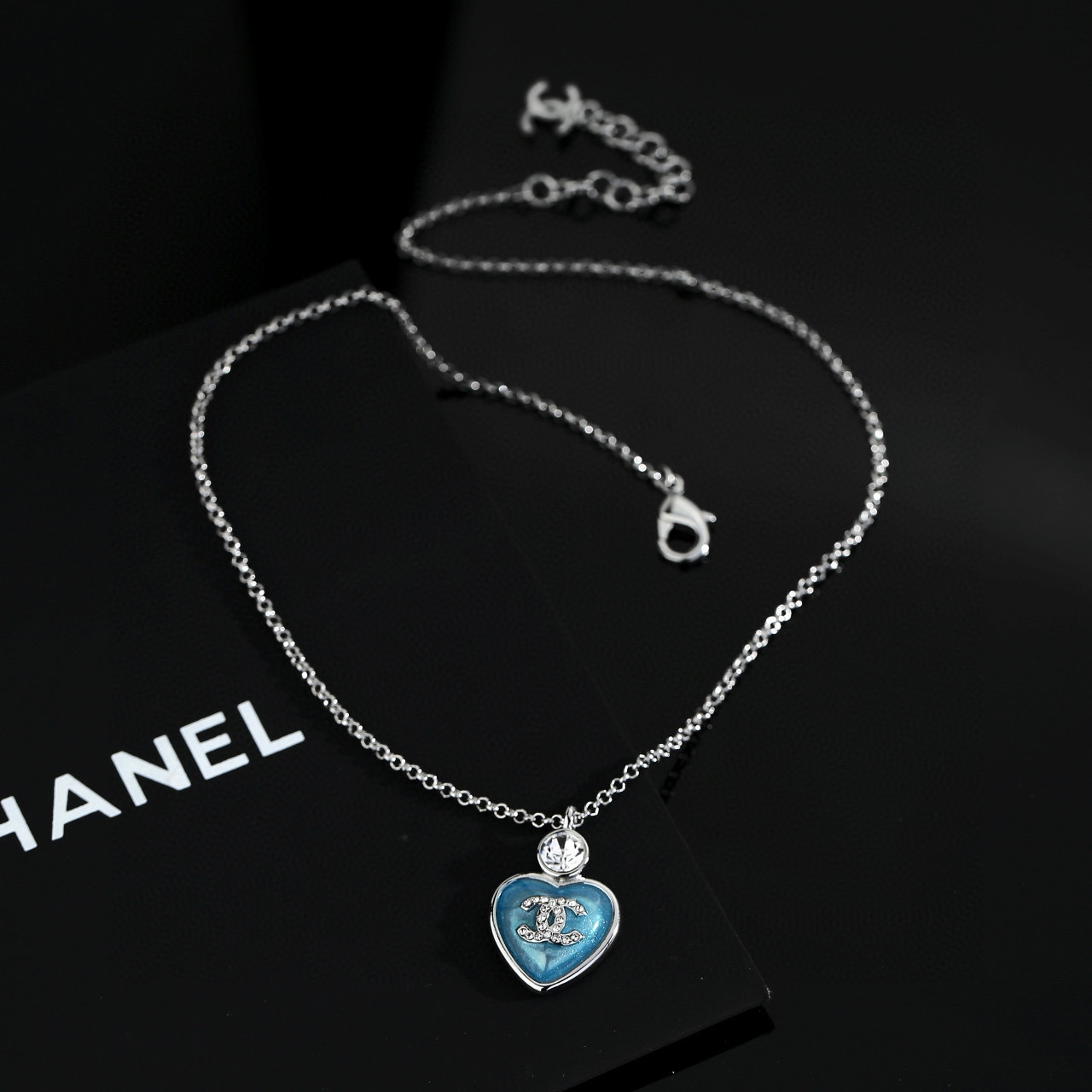 Luxury Blue Heart Crystal CC Pendant Necklace - Silver Tone