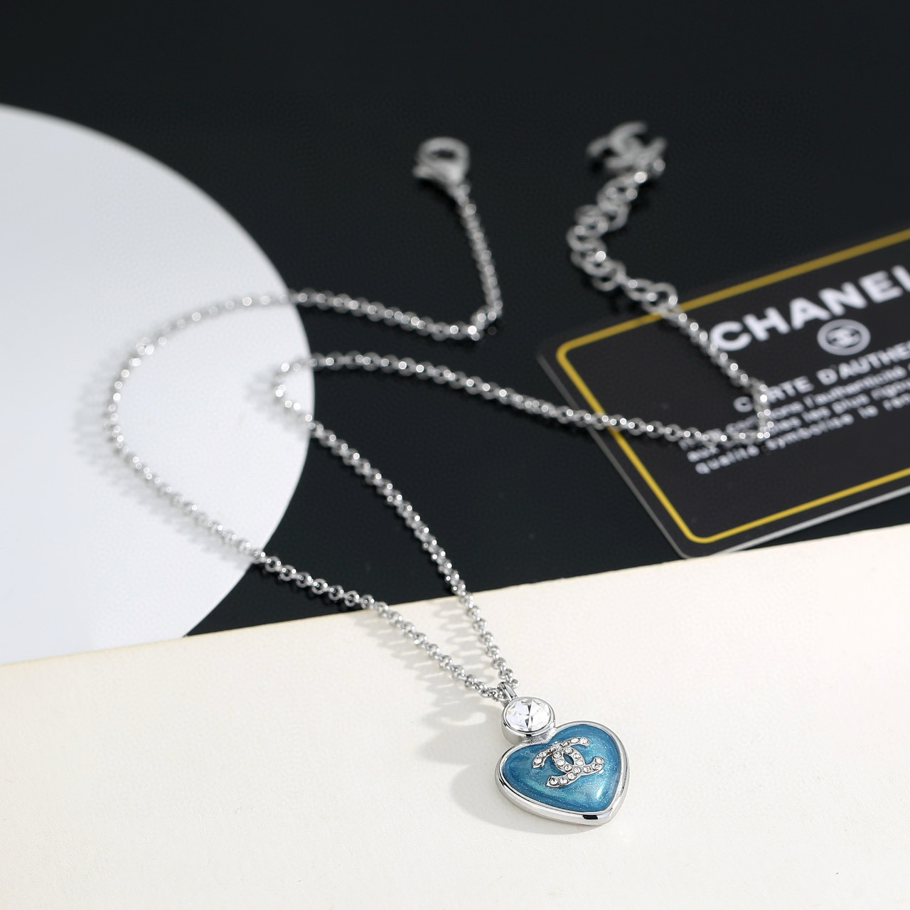 Luxury Blue Heart Crystal CC Pendant Necklace - Silver Tone