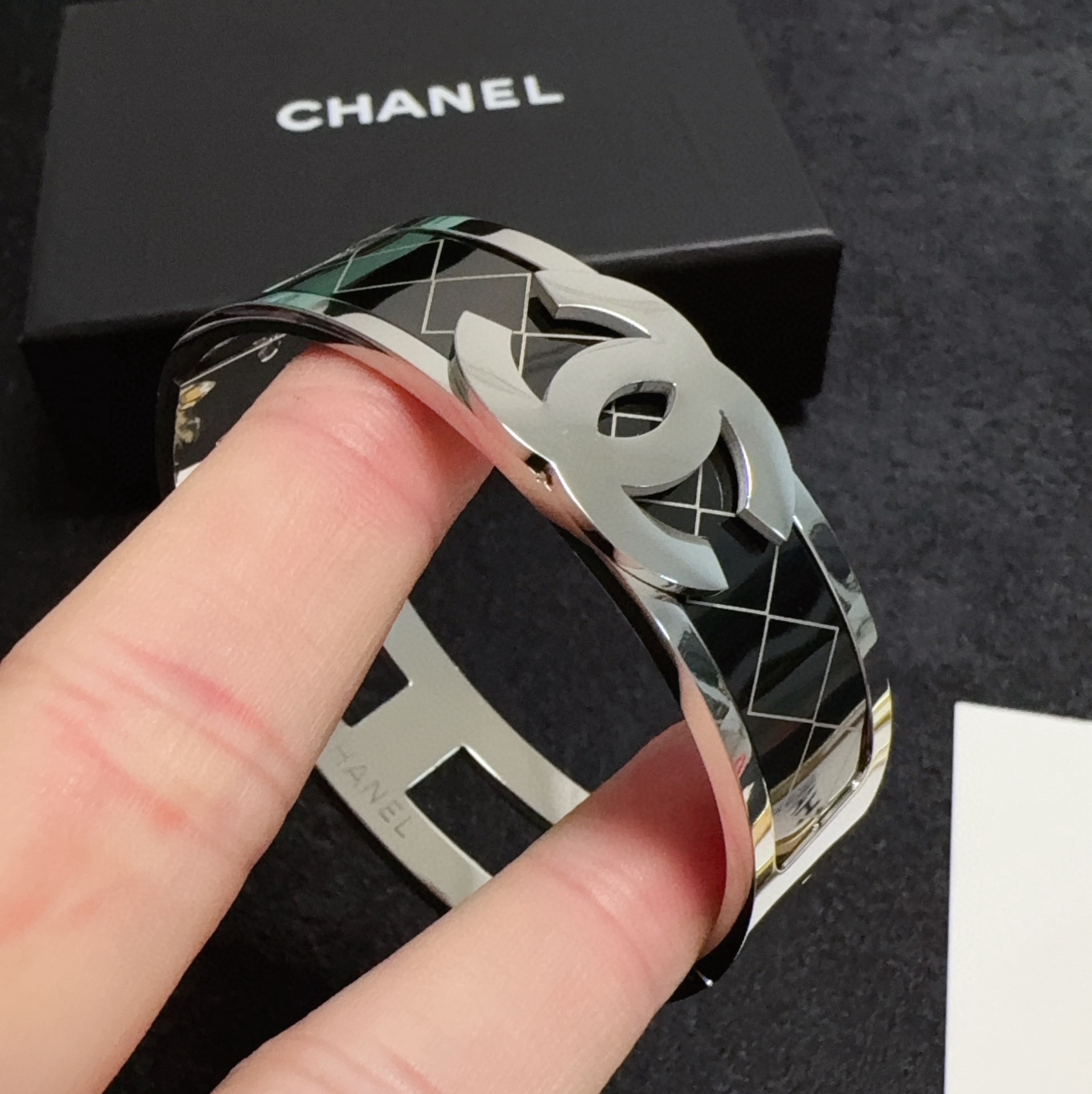 Chanel Signature Silver Bangle - Black Enamel Quilted CC Bracelet