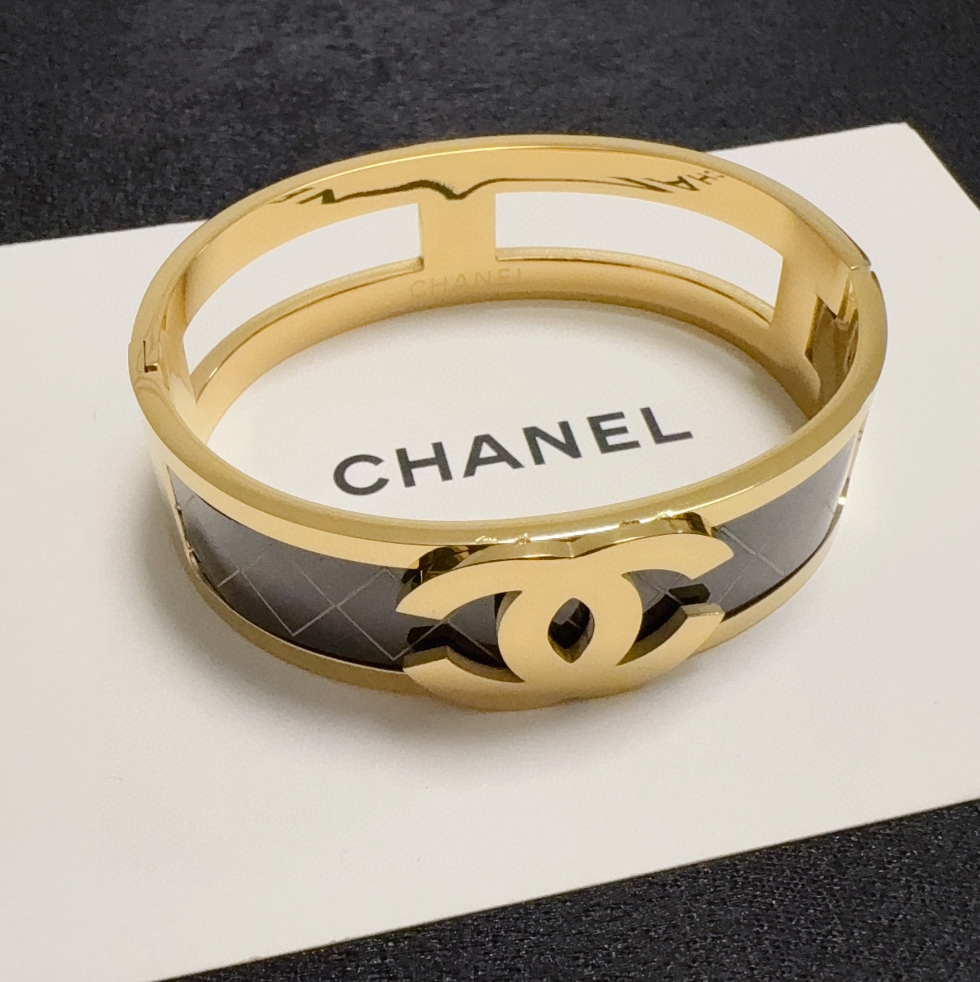 Chanel Signature Silver Bangle - Black Enamel Quilted CC Bracelet