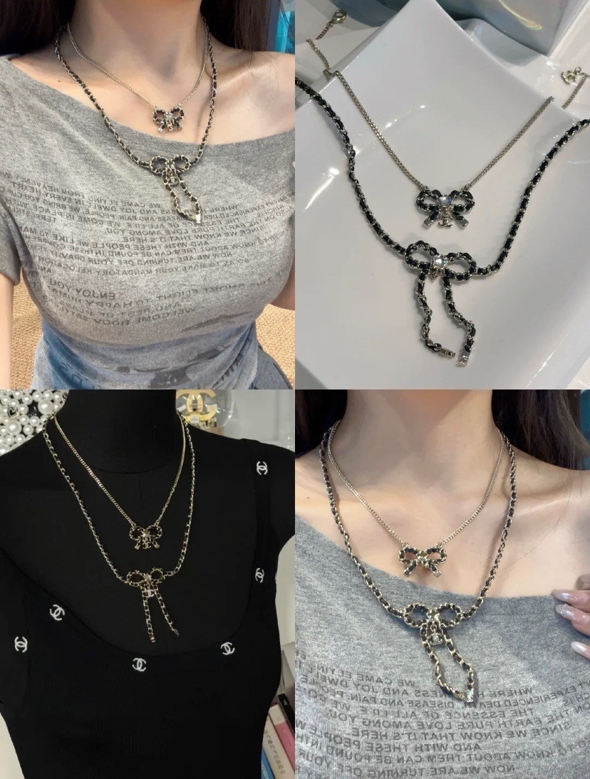 Elegant Crystal Bow Long Necklace with Interwoven Leather Chain