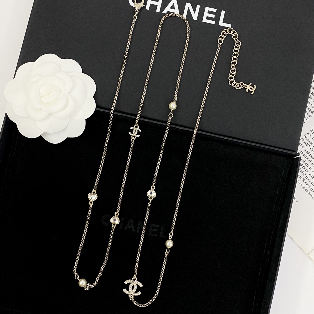 Chanel CC Logo Long Necklace with Heart Crystals and Pearls