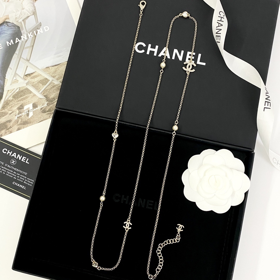 Chanel CC Logo Long Necklace with Heart Crystals and Pearls