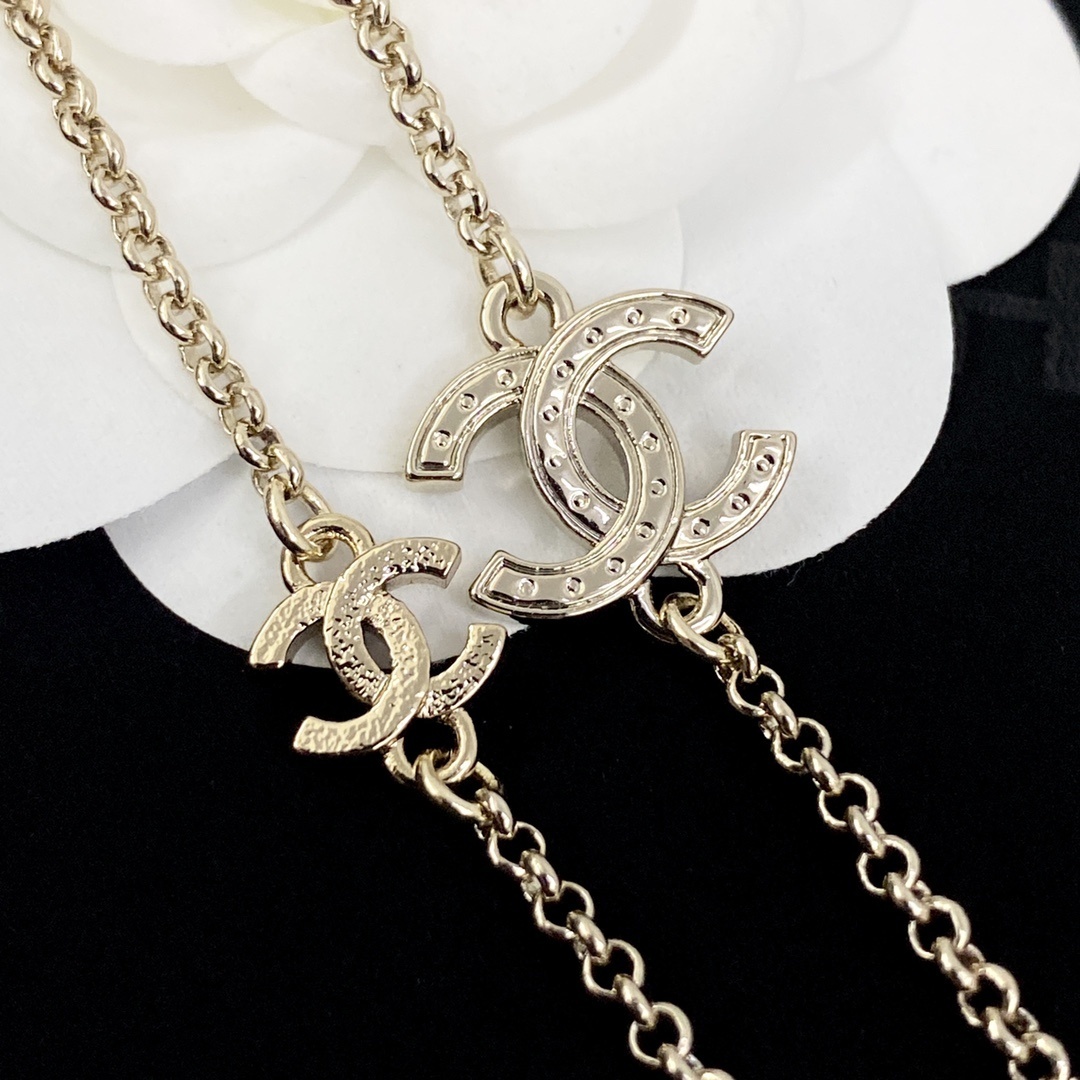 Chanel CC Logo Long Necklace with Heart Crystals and Pearls