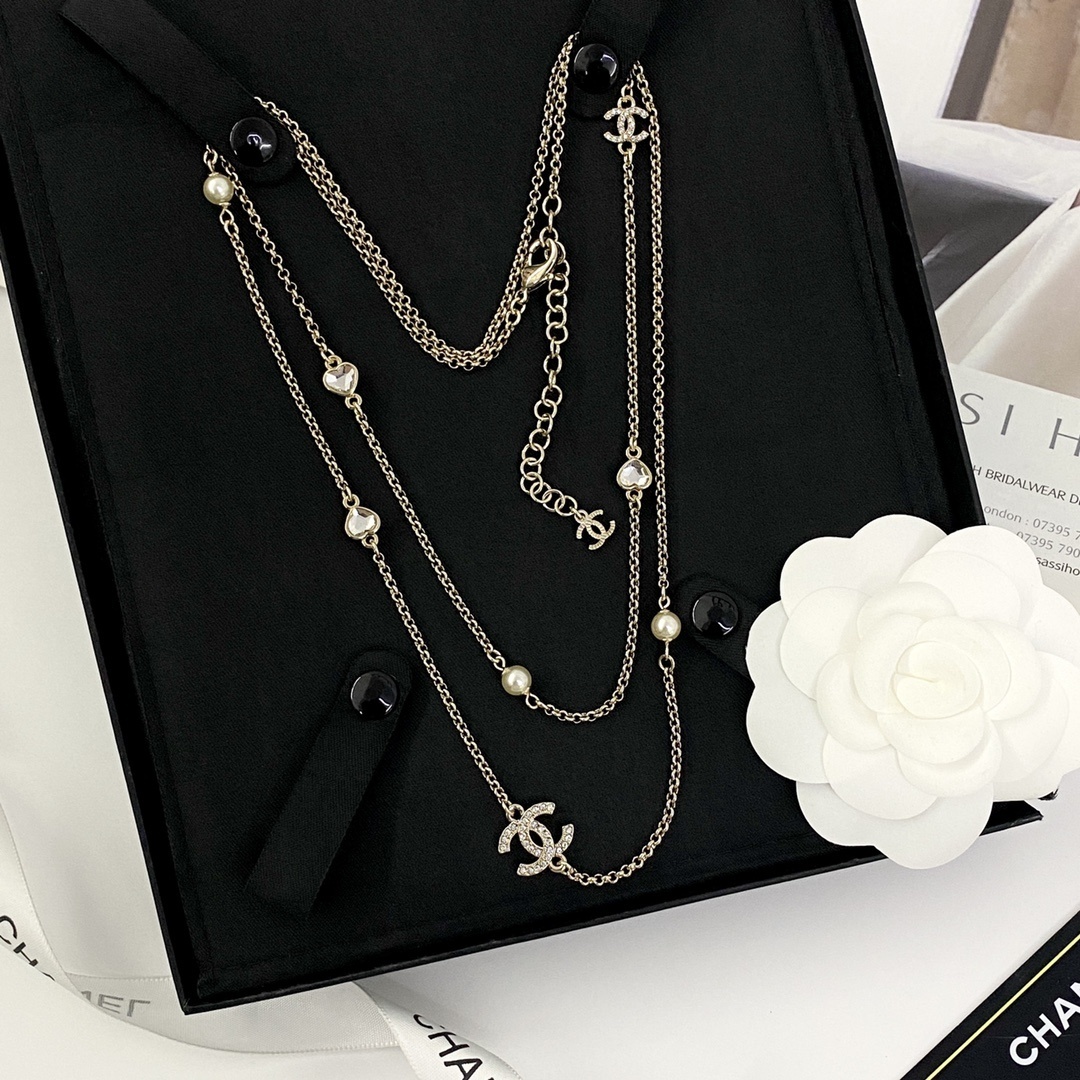 Chanel CC Logo Long Necklace with Heart Crystals and Pearls