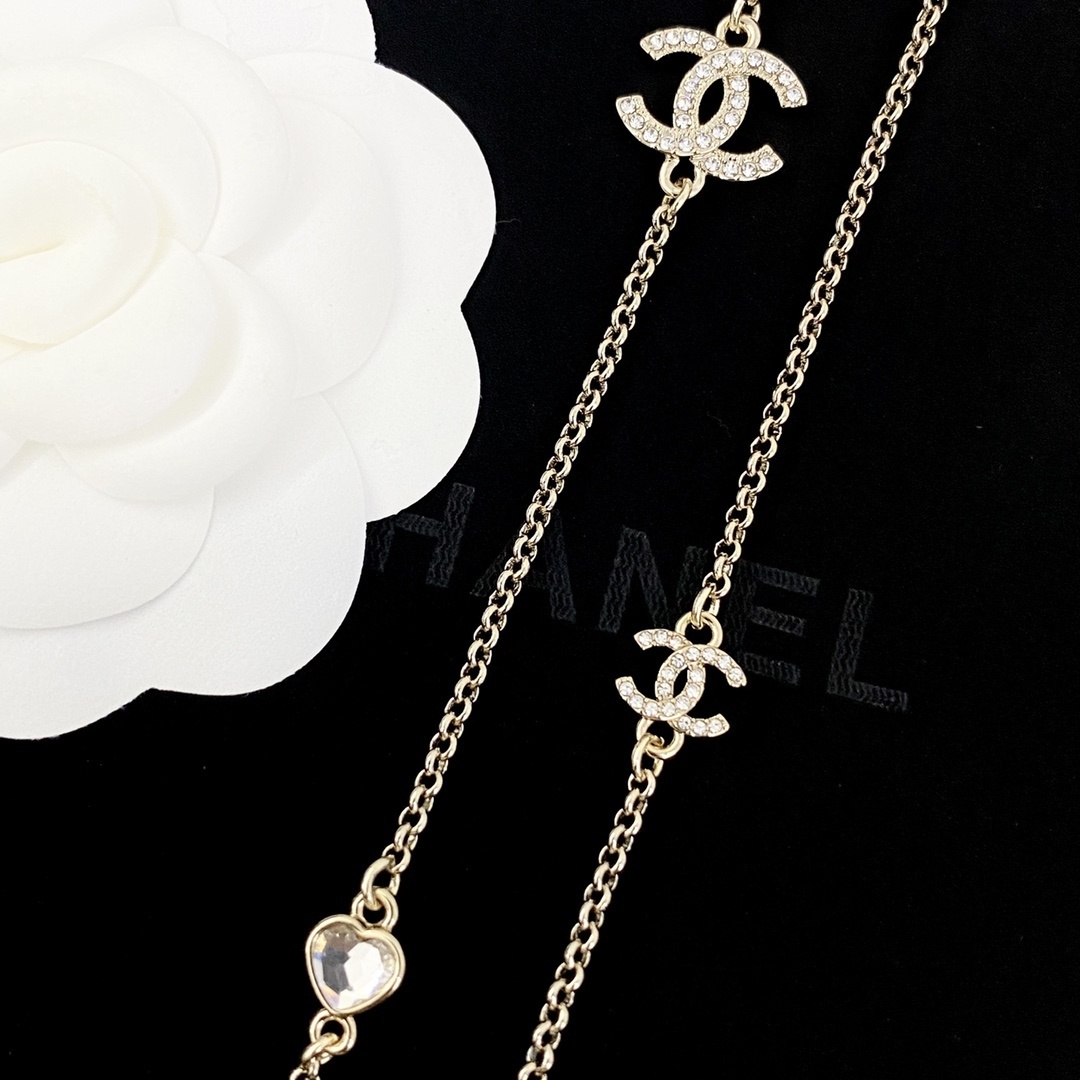 Chanel CC Logo Long Necklace with Heart Crystals and Pearls