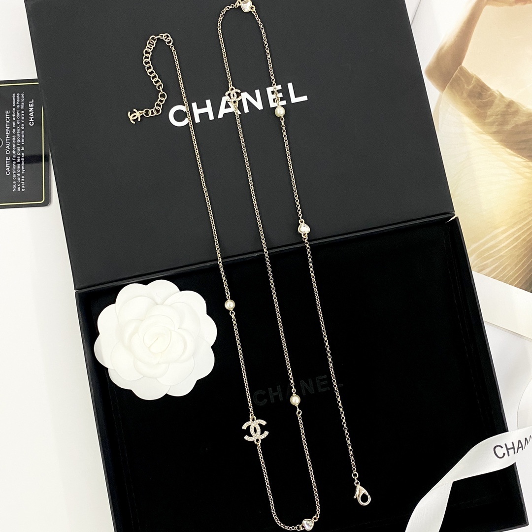 Chanel CC Logo Long Necklace with Heart Crystals and Pearls