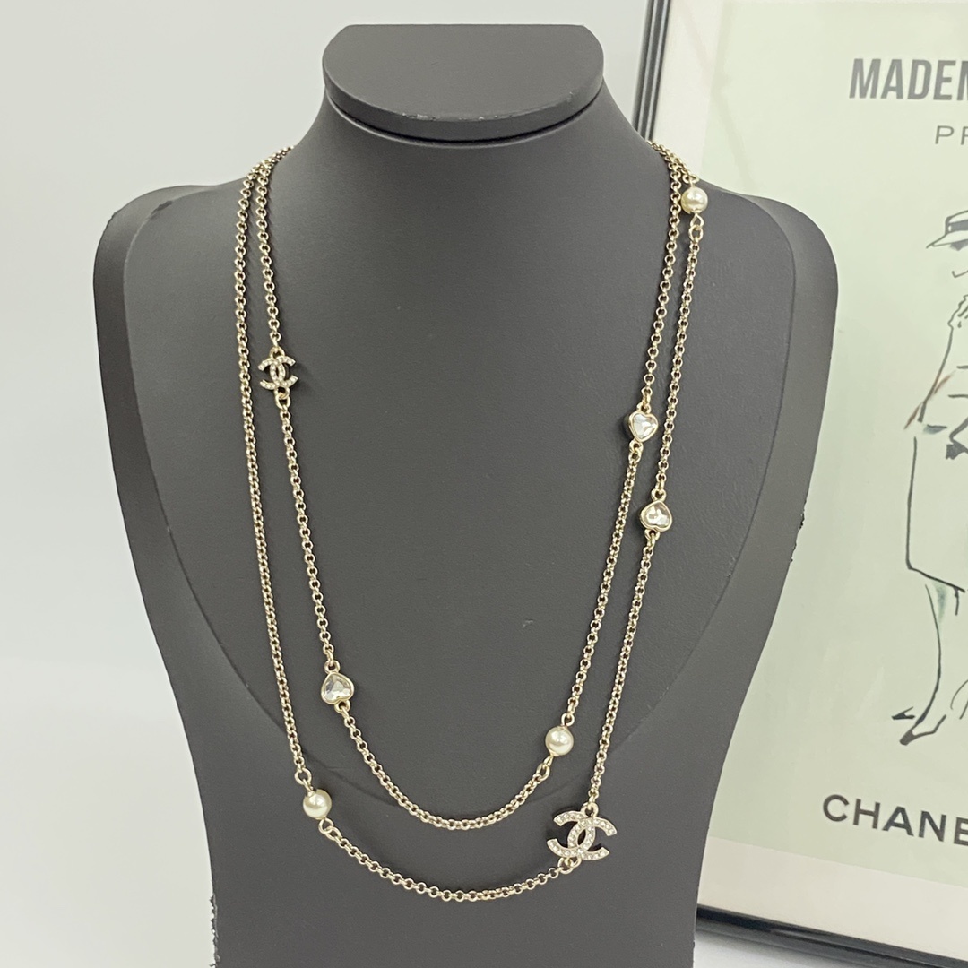 Chanel CC Logo Long Necklace with Heart Crystals and Pearls