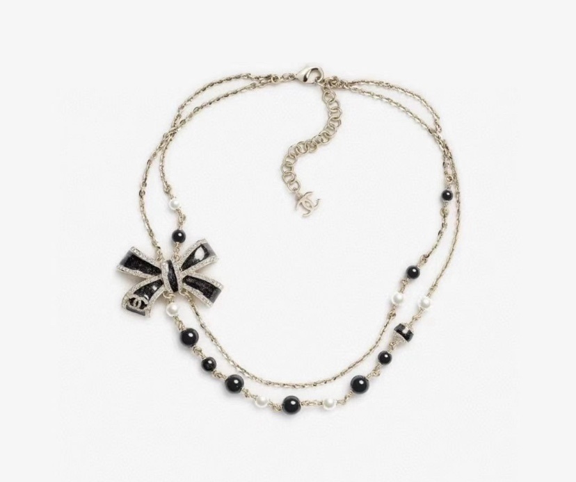 Luxury Double Strand Pearl Necklace with Black Crystal Bow Pendant