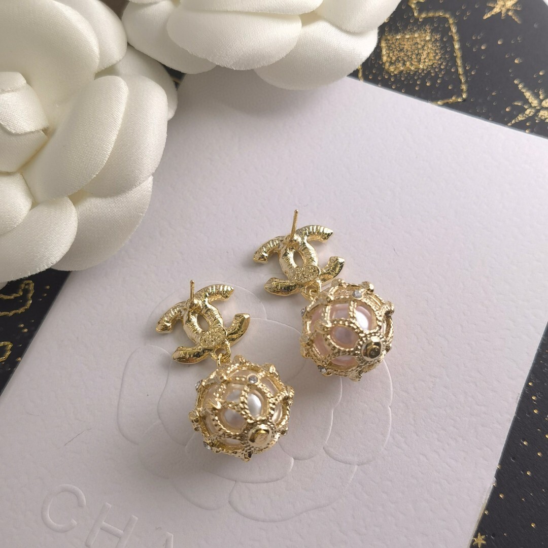 Vintage Gold-Tone CC Logo Caged Pearl Drop Earrings
