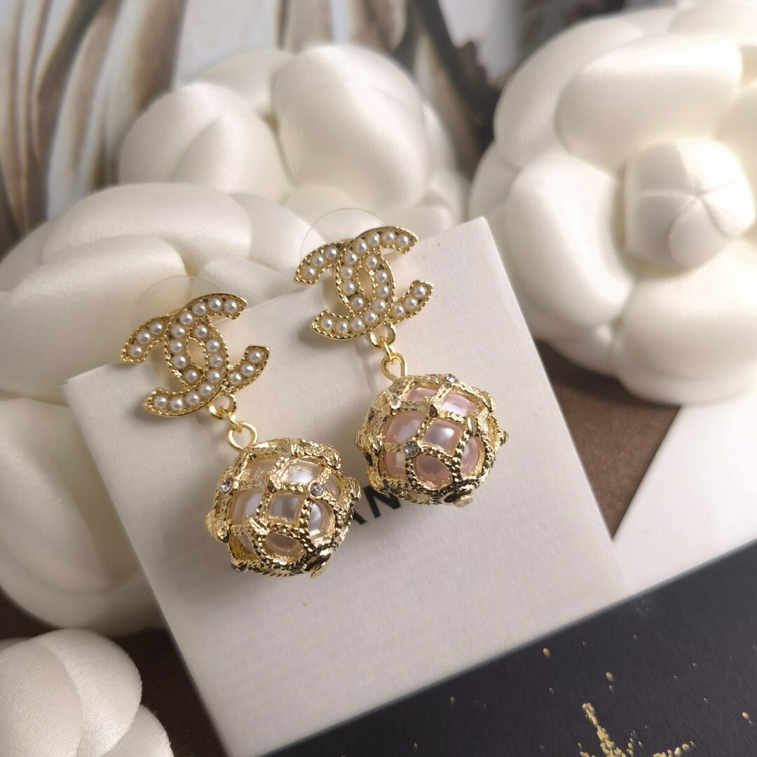 Vintage Gold-Tone CC Logo Caged Pearl Drop Earrings