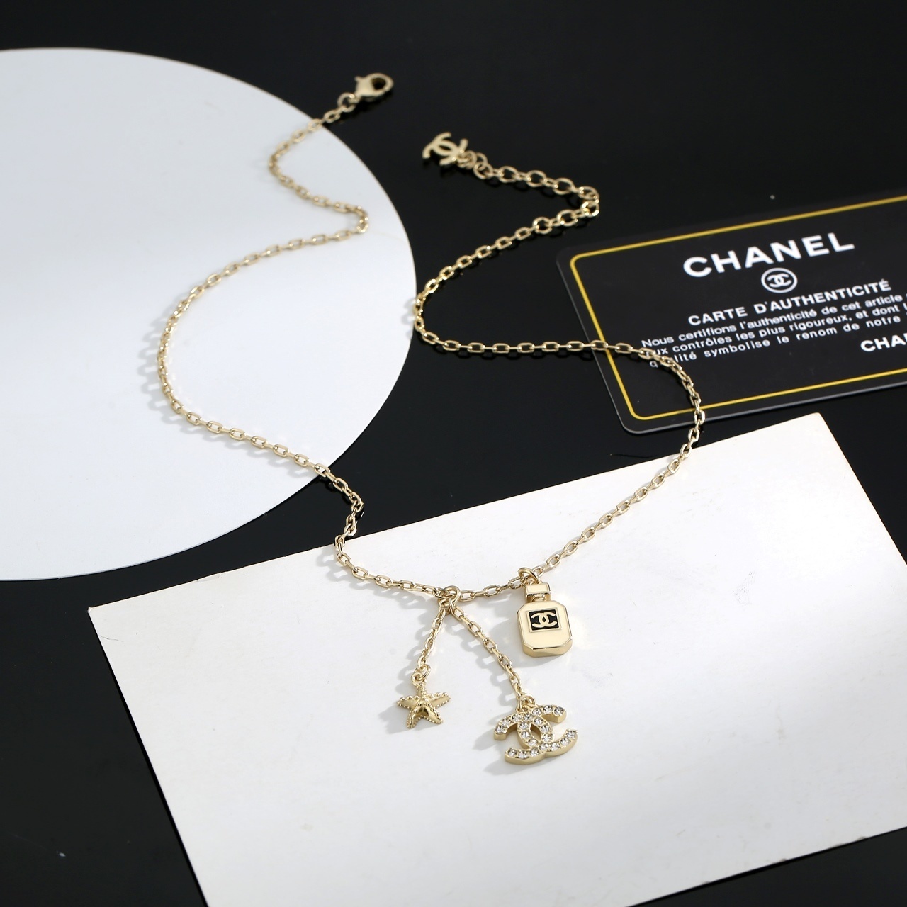 Luxury Gold CC Logo Charm Necklace with Perfume & Starfish Pendants