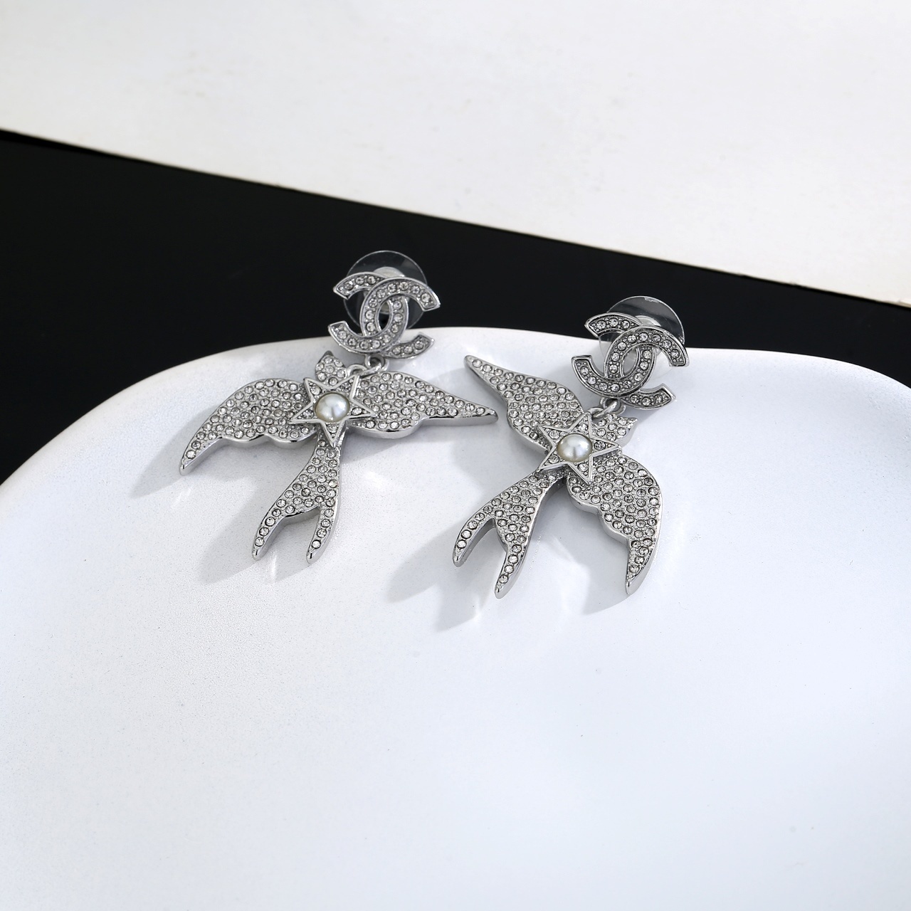 Elegant Silver CC Swallow Dangle Earrings with Crystals & Pearls