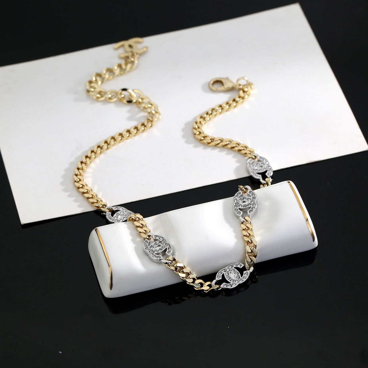 Luxury Gold-Tone CC Logo Crystal Encrusted Curb Chain Necklace