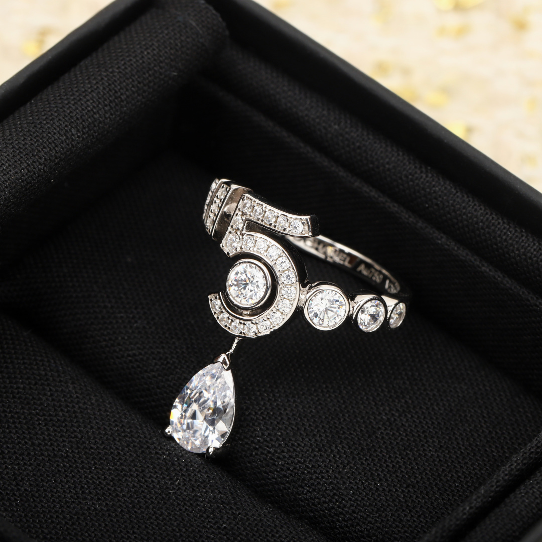 Chanel No. 5 Crystal Ring with Elegant Teardrop Charm