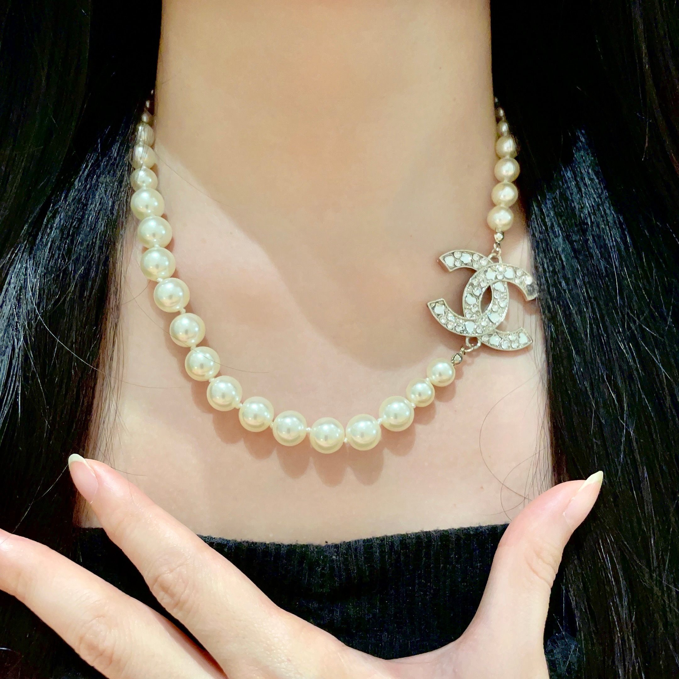 Elegant Pearl Necklace with Sparkling Crystal CC Logo Pendant
