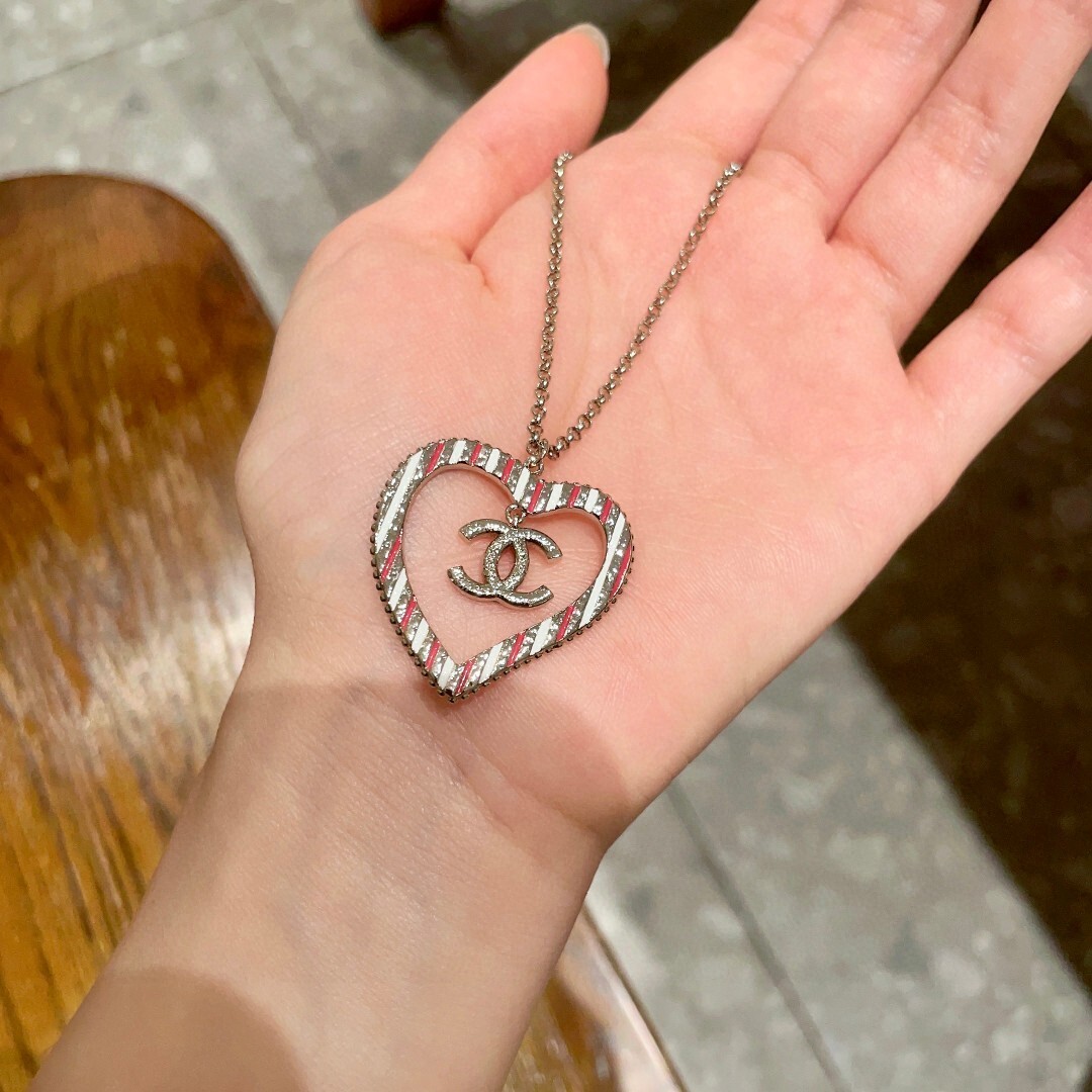 Luxury Candy Cane Heart Necklace with Designer Double C Logo