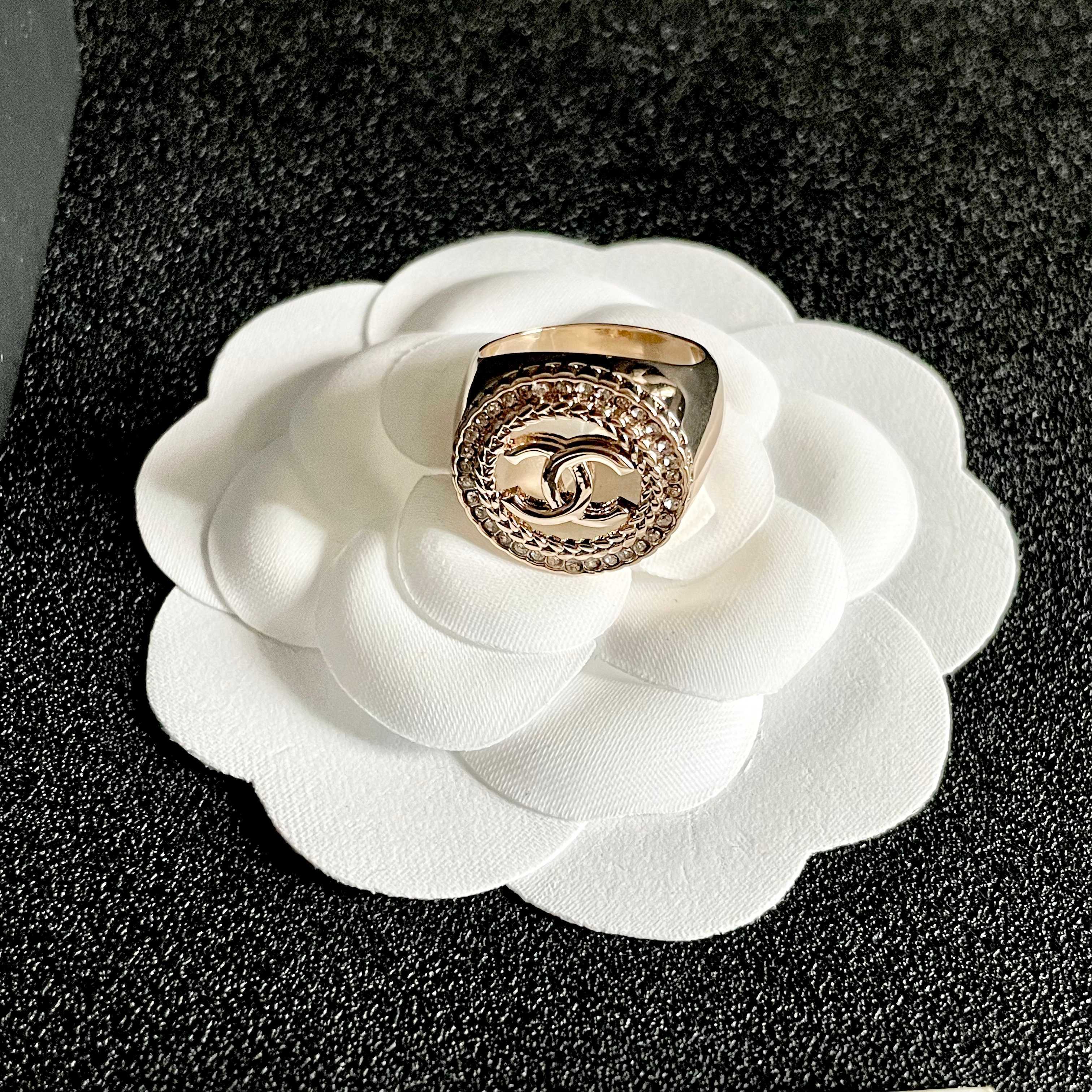 Luxury Gold Plated Double C Crystal Halo Statement Ring