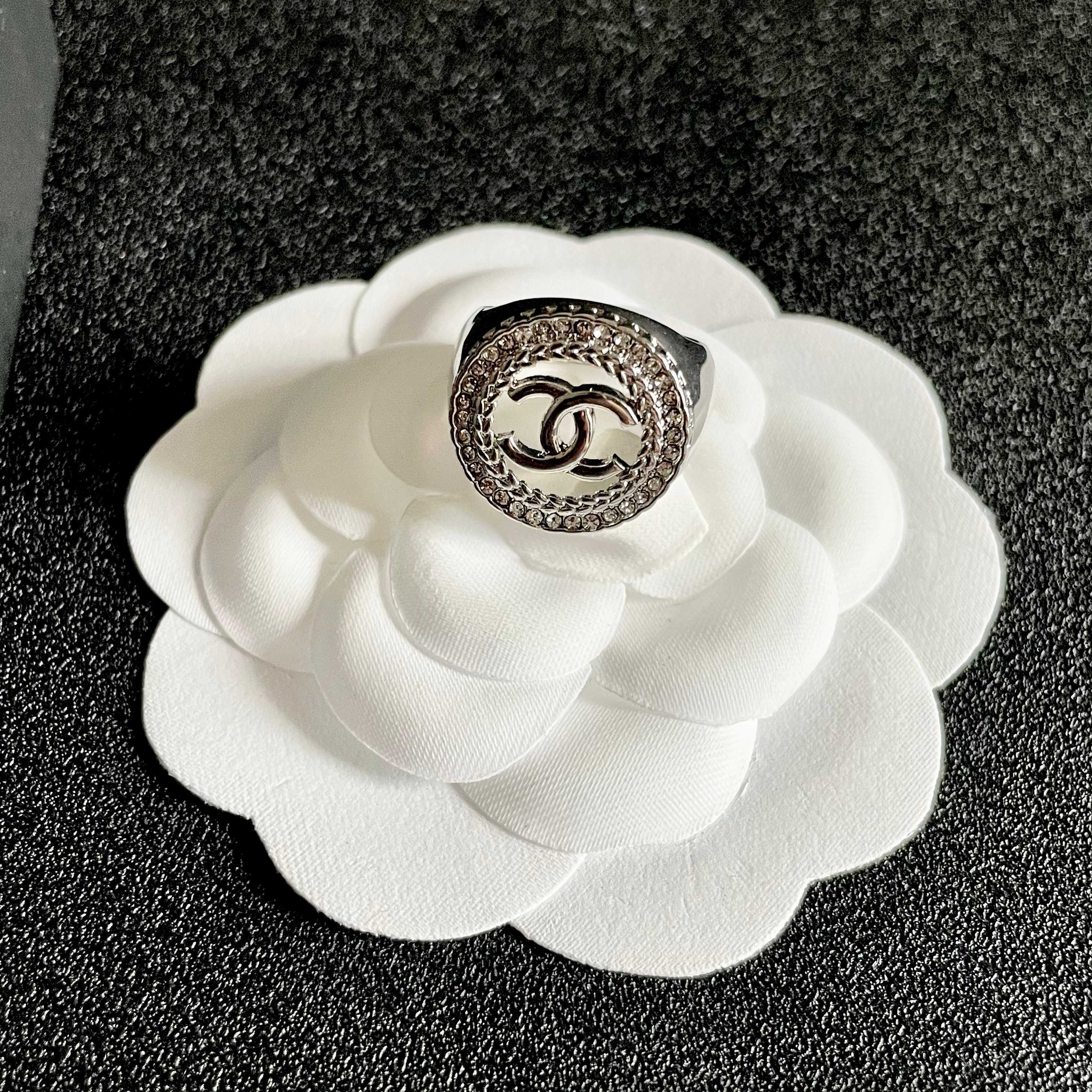 Elegant CC Logo Crystal Halo Ring - Designer Style Jewelry