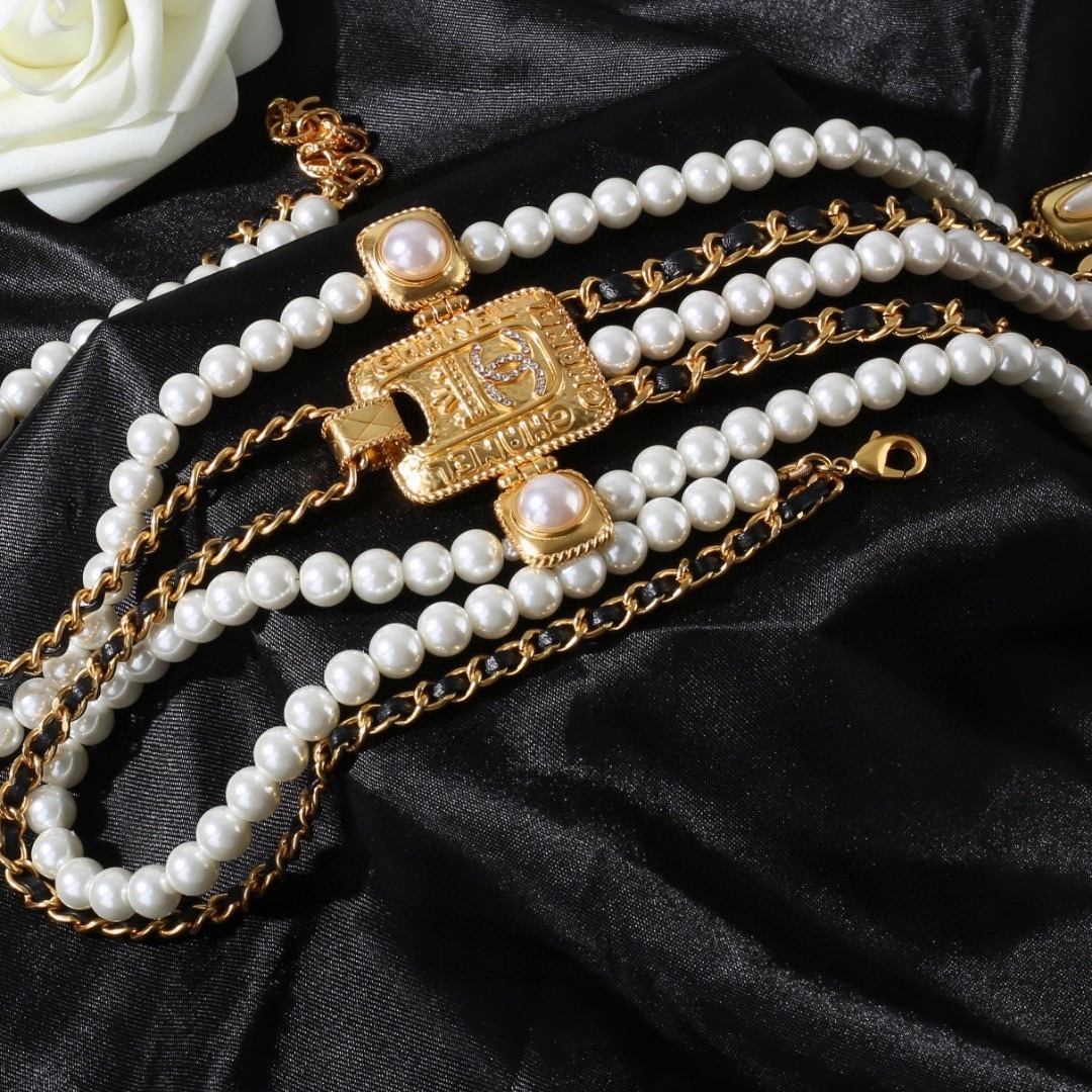 Elegant Multi-Layer Pearl & Gold CC Logo Statement Necklace