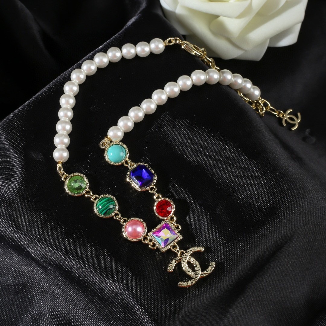 Luxury Pearl Necklace with Colorful Gemstones & Gold CC Logo Pendant