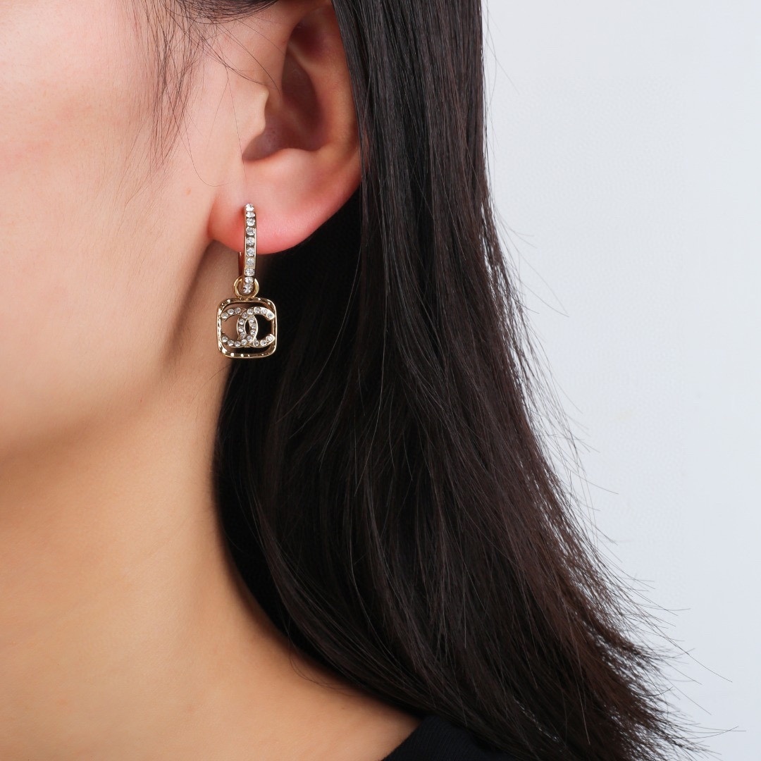 Elegant Gold Crystal Interlocking CC Logo Drop Hoop Earrings