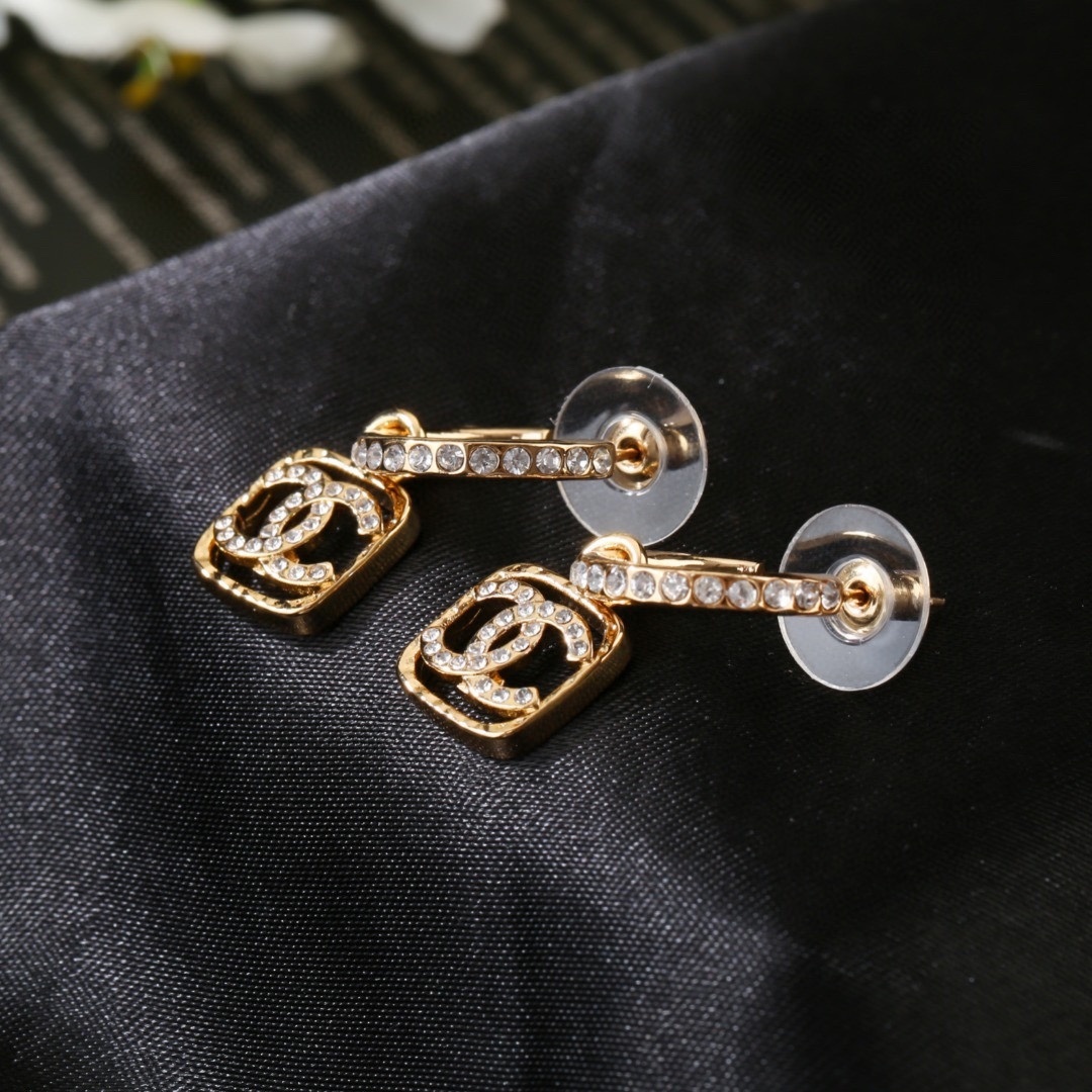 Elegant Gold Crystal Interlocking CC Logo Drop Hoop Earrings