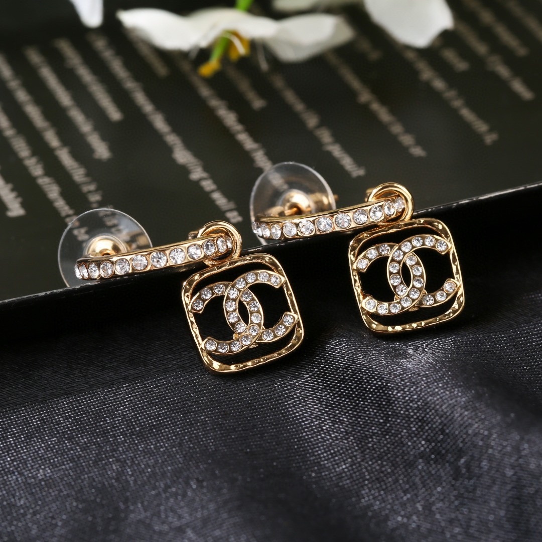 Elegant Gold Crystal Interlocking CC Logo Drop Hoop Earrings