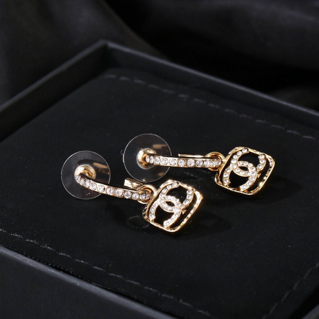 Elegant Gold Crystal Interlocking CC Logo Drop Hoop Earrings