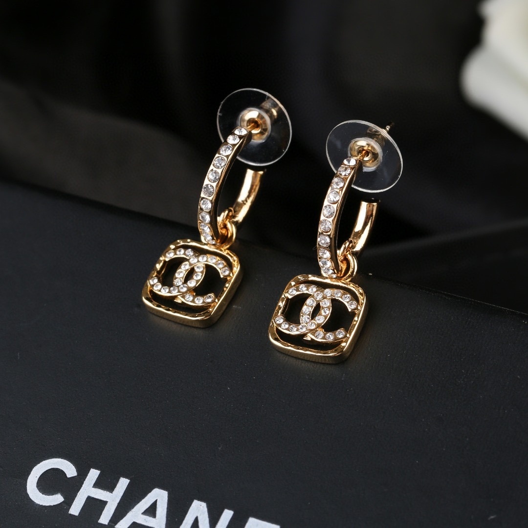 Elegant Gold Crystal Interlocking CC Logo Drop Hoop Earrings