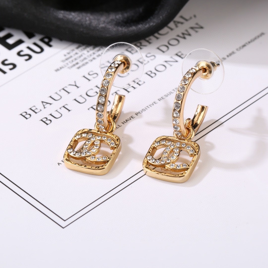 Elegant Gold Crystal Interlocking CC Logo Drop Hoop Earrings