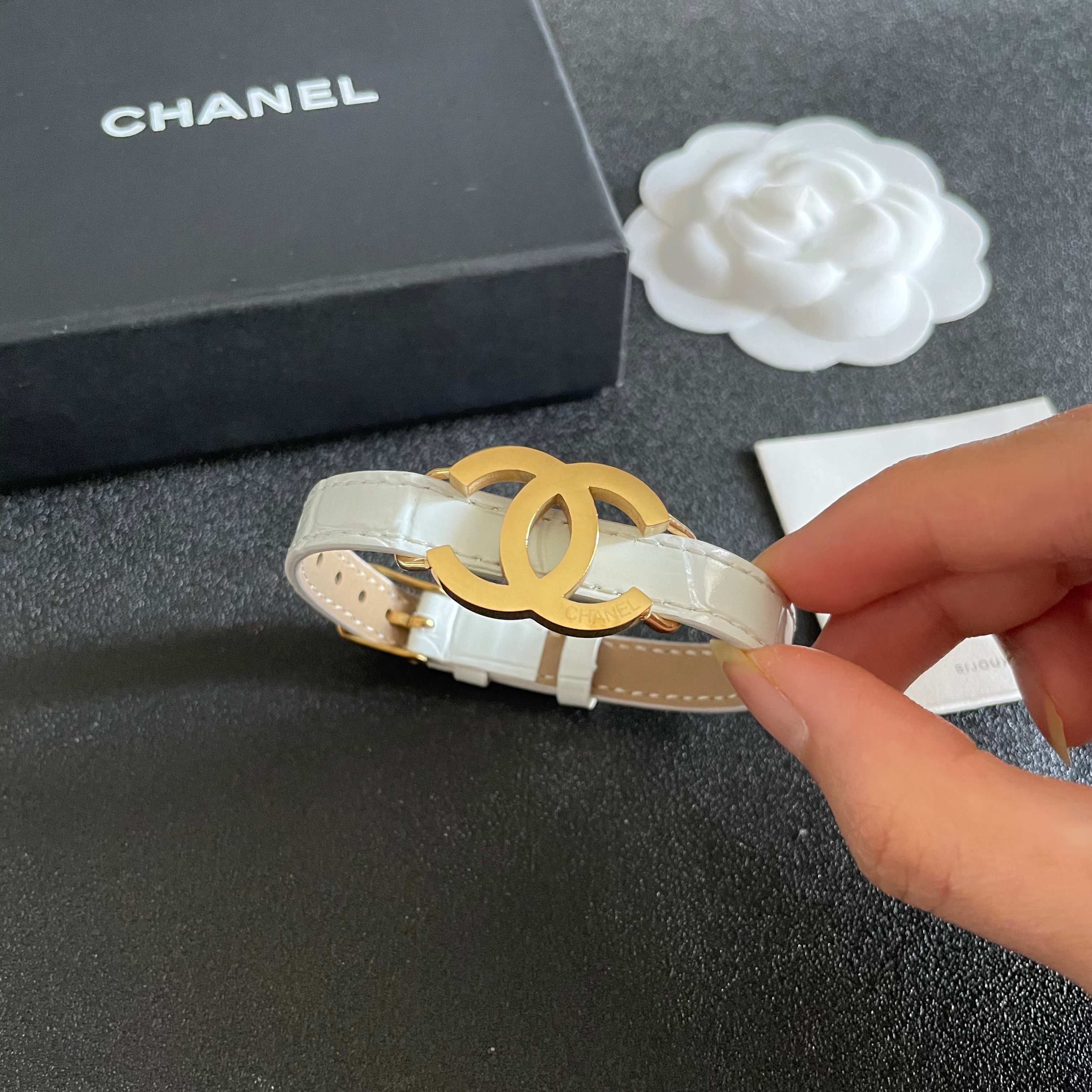 Chanel CC Logo Leather Bracelet - Luxury Interlocking Buckle Cuff