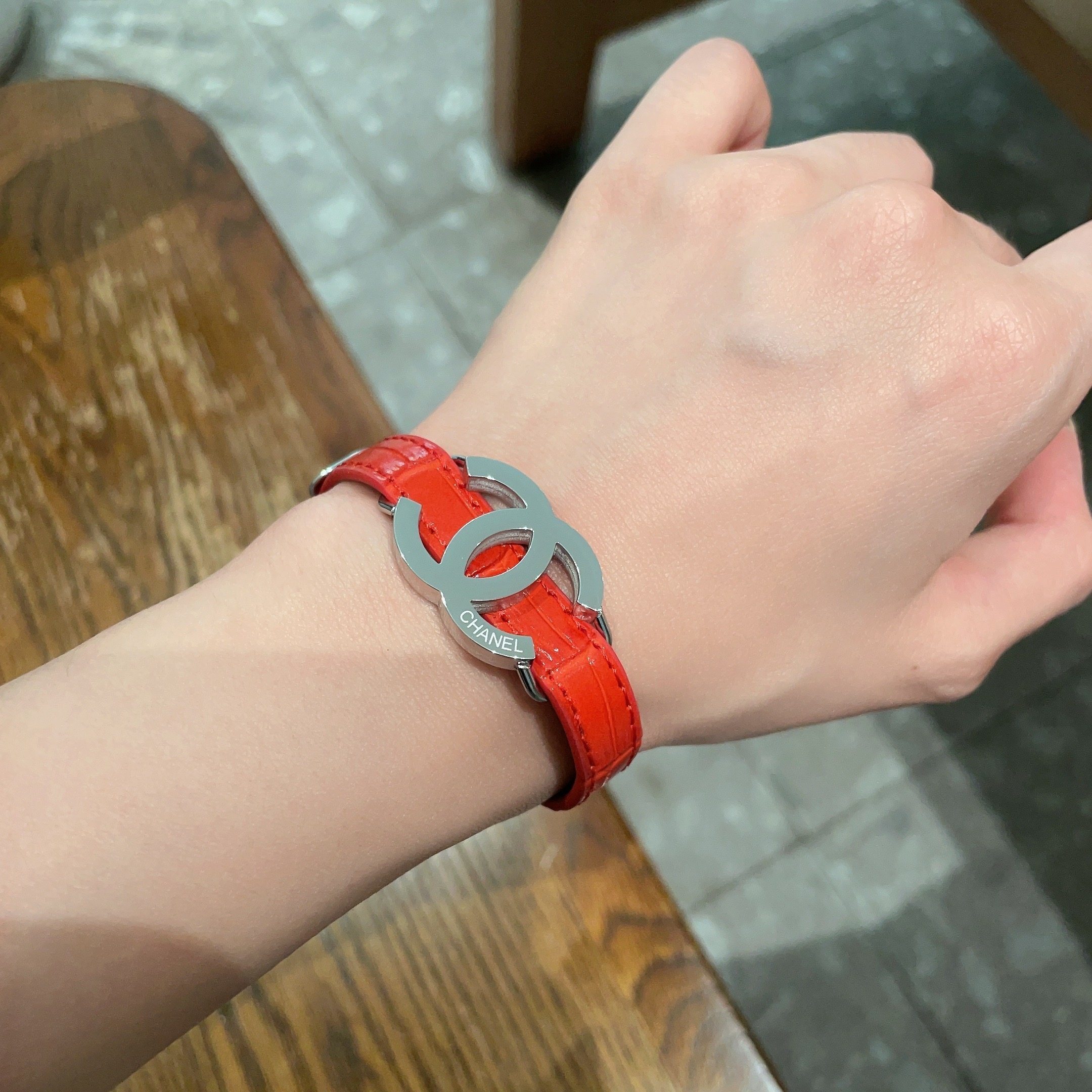 Luxury Red Leather Bracelet with Silver CC Logo Designer Jewelry