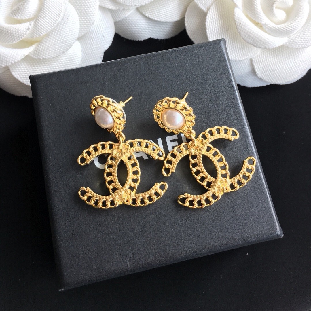 Luxury Gold Chain Link Double C Pearl Drop Earrings for Women