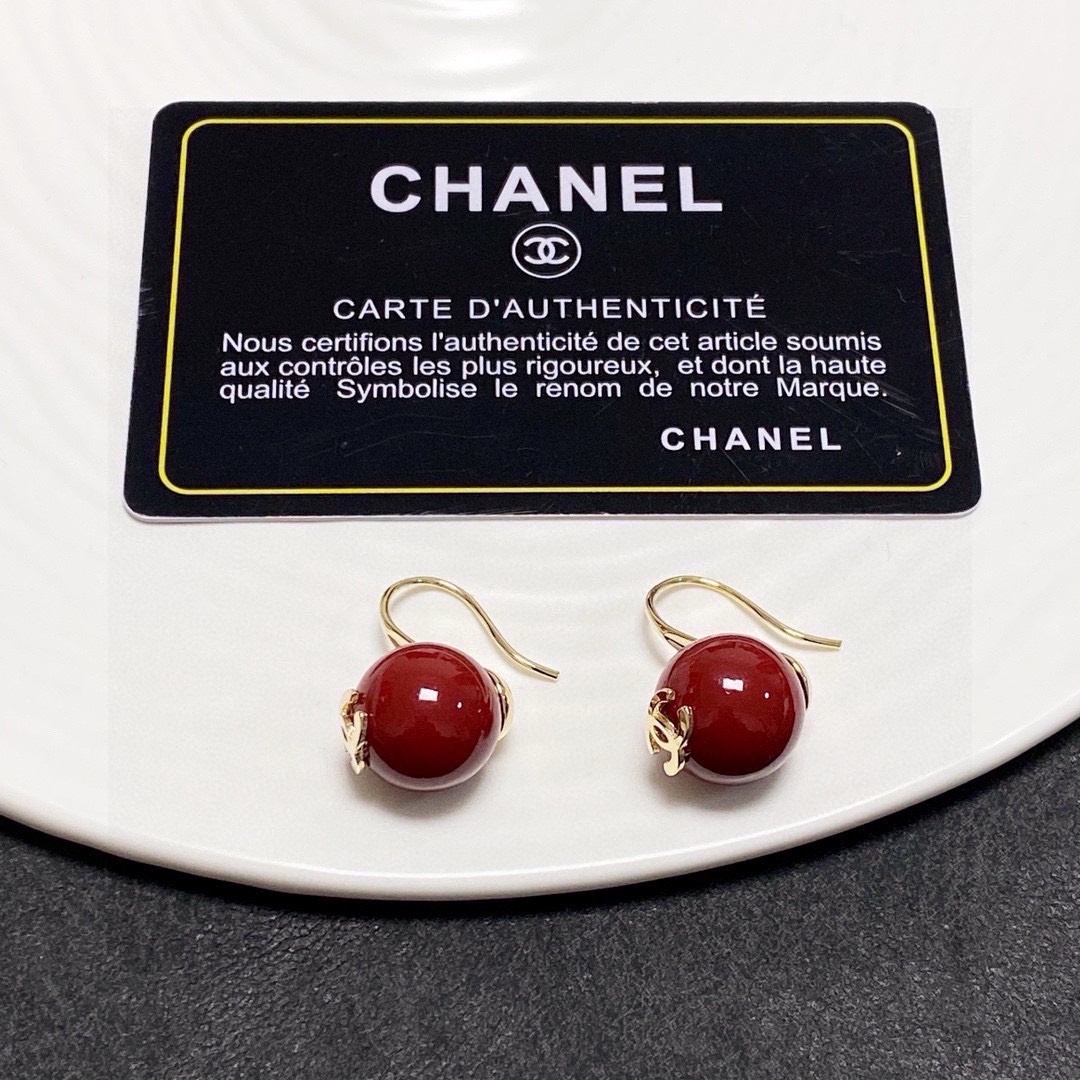 Elegant Red Bead Drop Earrings with Gold CC Logo for Women