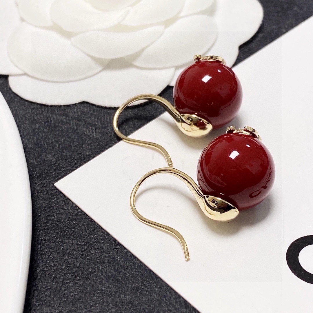 Elegant Red Bead Drop Earrings with Gold CC Logo for Women
