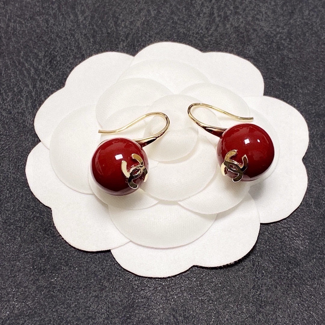 Elegant Red Bead Drop Earrings with Gold CC Logo for Women