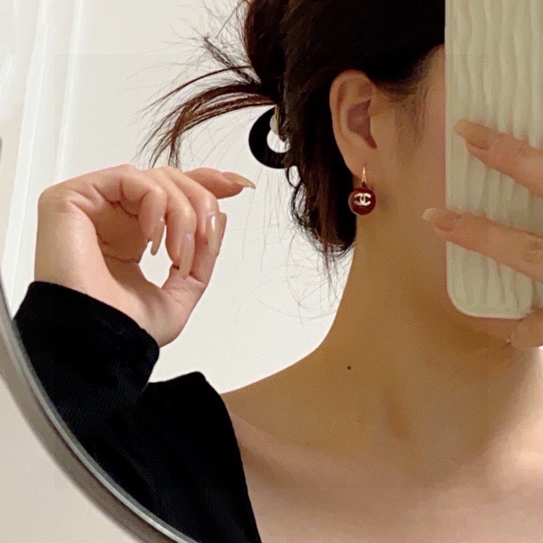 Elegant Red Bead Drop Earrings with Gold CC Logo for Women