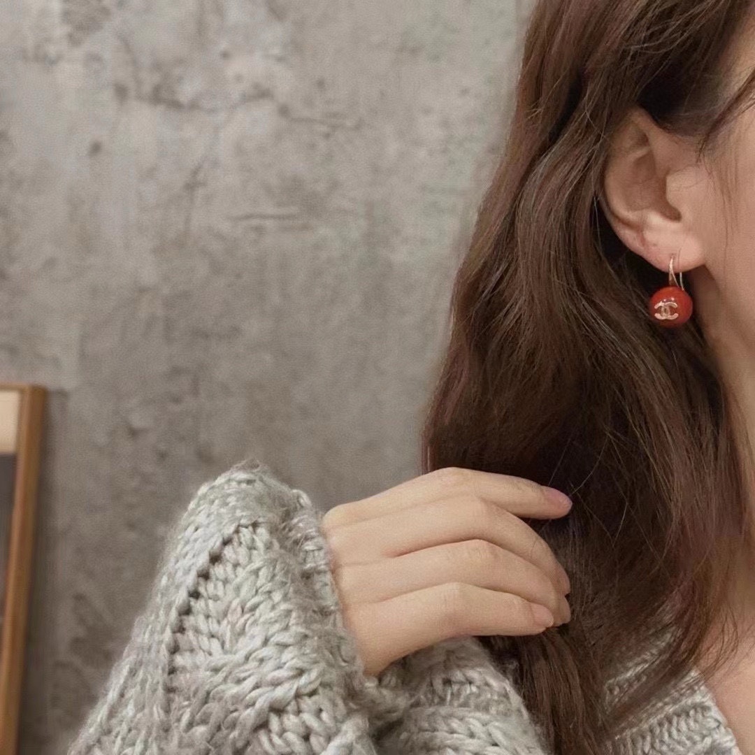 Elegant Red Bead Drop Earrings with Gold CC Logo for Women