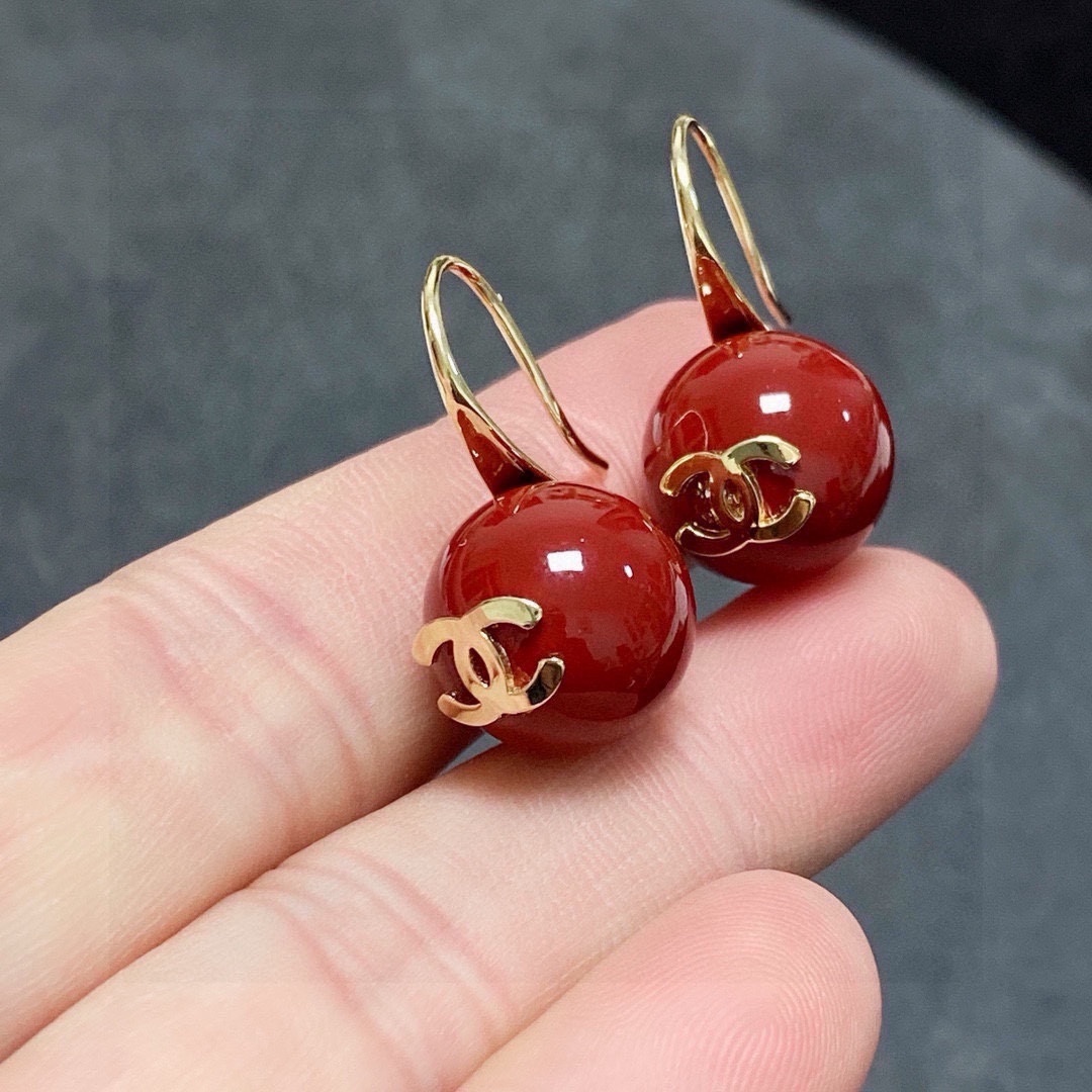 Elegant Red Bead Drop Earrings with Gold CC Logo for Women